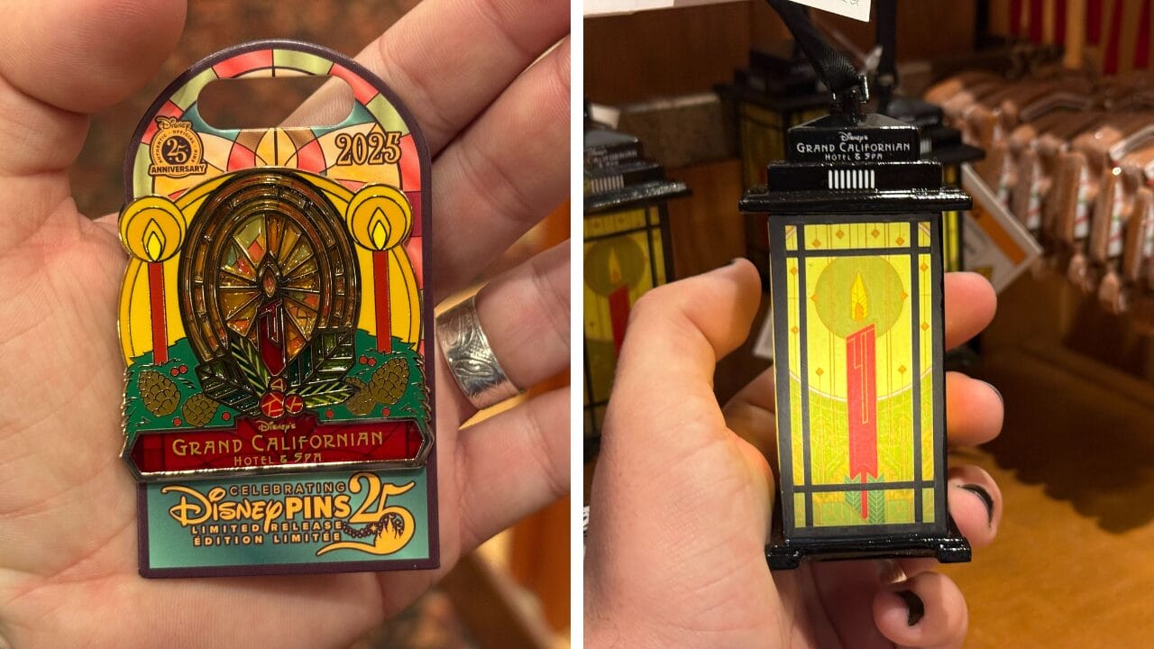 Two hands display Grand Californian Hotel pins—one stained glass, one lantern—magical Disney souvenirs perfect for the holidays.