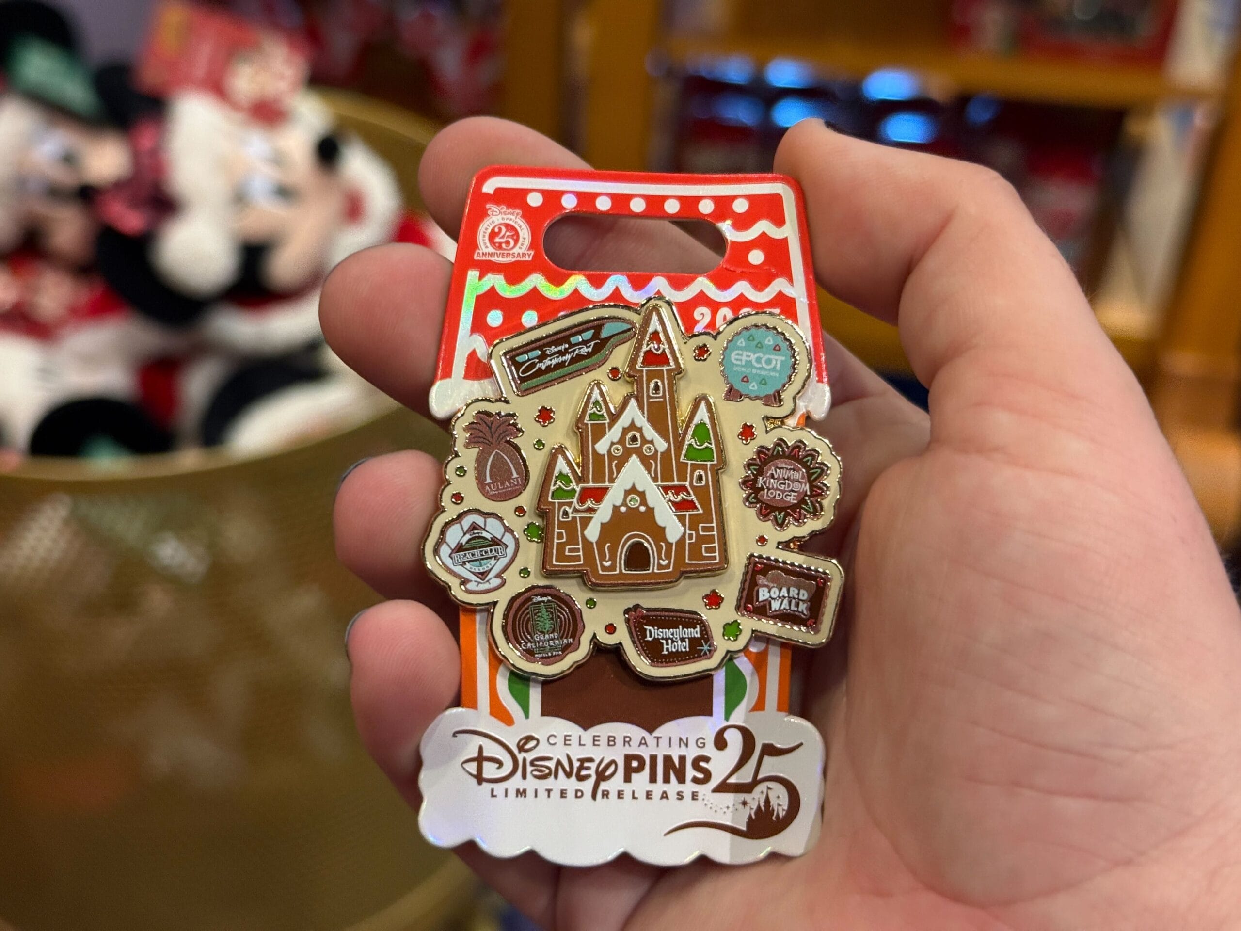 Hand holding a Disneyland 25th anniversary pin with gingerbread and Resort-themed designs, reminiscent of park-exclusive collectibles.
