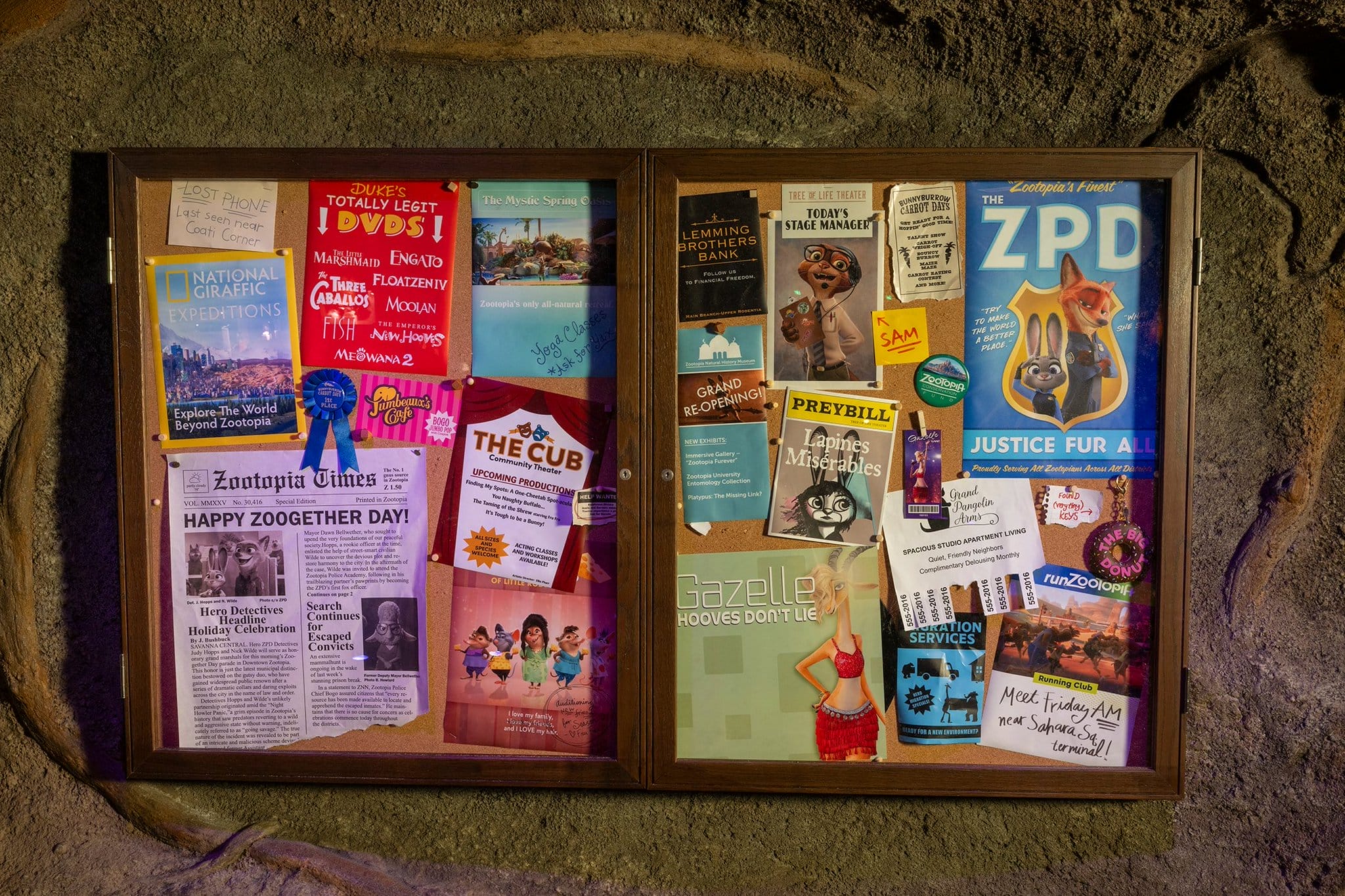 A bulletin board at a Disney park shows vibrant Animal Kingdom and Zootopia-themed flyers, with no castles pictured for comparison.