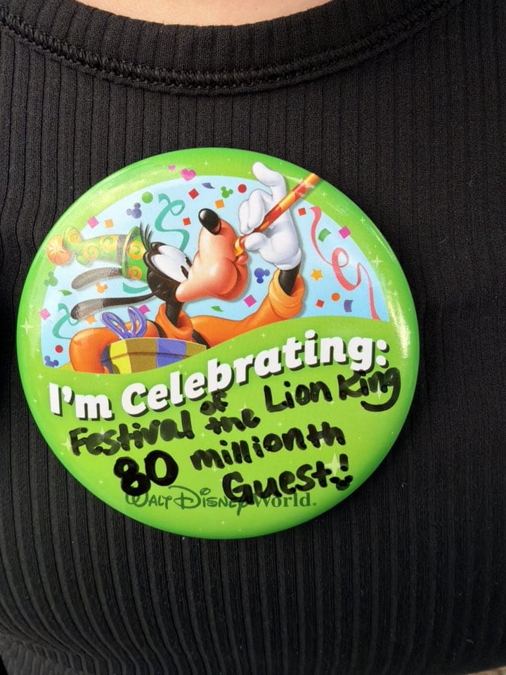 A green Disney World button says “Festival of the Lion King, Animal Kingdom—80 Million Guests!” and shows Goofy. No castle visible.