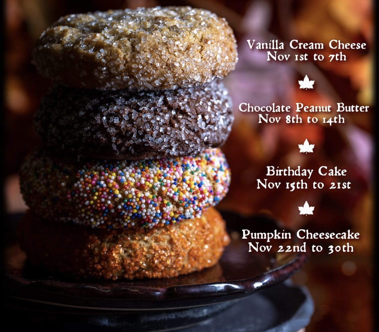 A stack of four November Cookies from Gideon's Bakehouse at Disney Springs, each labeled with a weekly flavor, no castle shown.