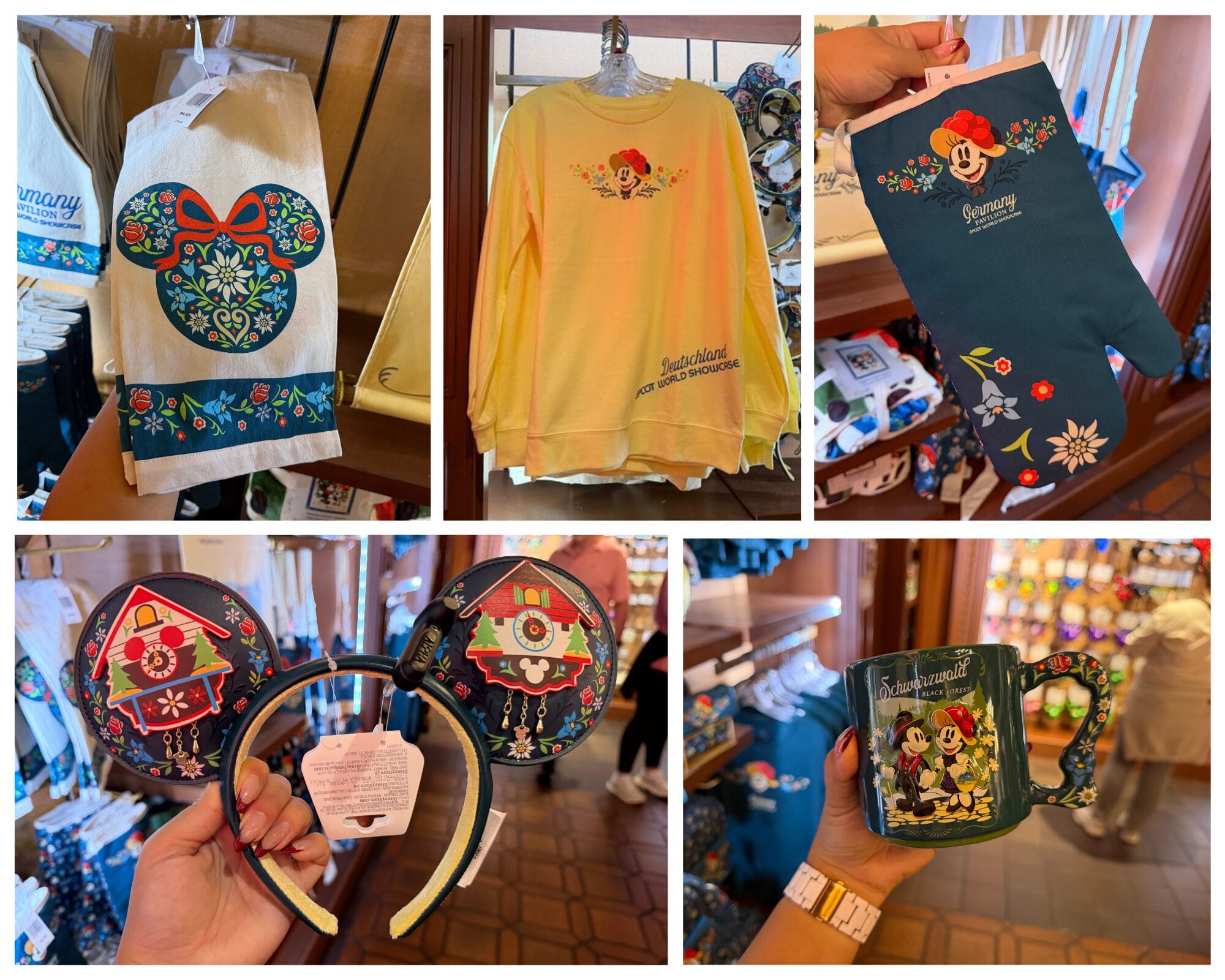 Collage of Disney Germany and Black Forest merch—towel, mug, sweatshirt, Minnie Mouse ears—from EPCOT, not near any Disney castle.