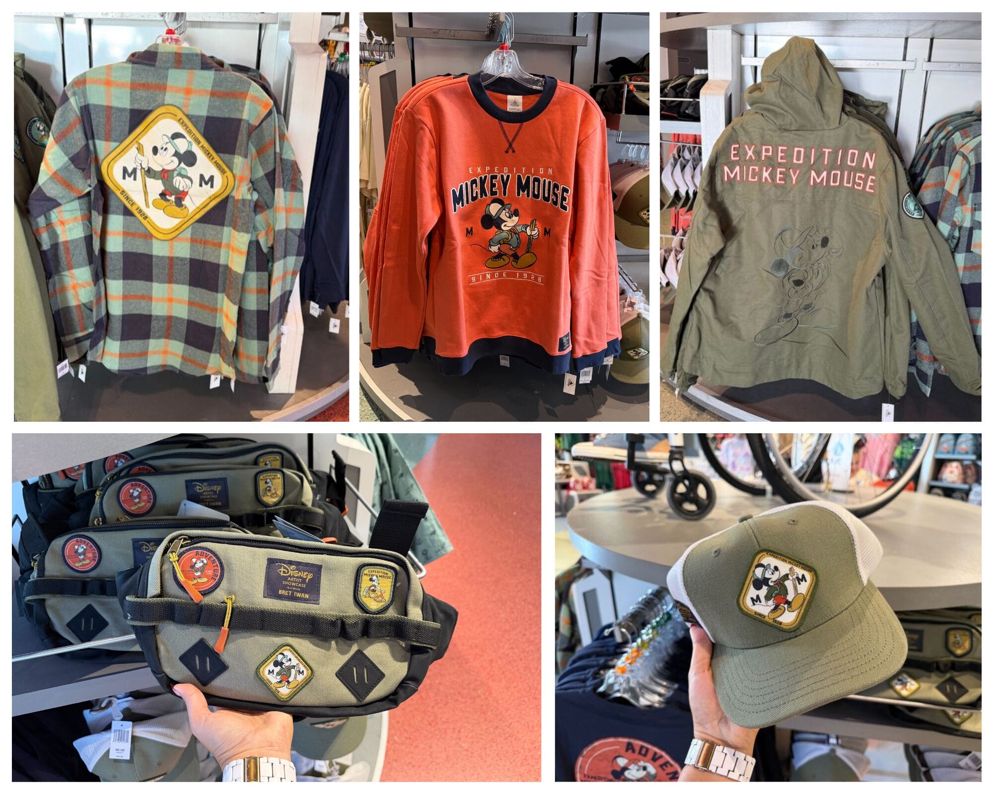 Mickey Mouse-themed adventure shirts, hats, and bags from Disney Parks; compare castle styles if shown to Disney World or Disneyland.