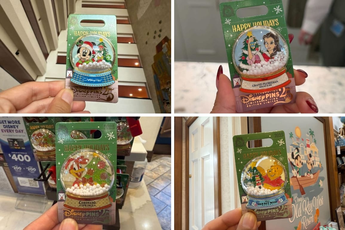 Four Walt Disney World pins shaped like snow globes, each with a festive scene of Mickey, Belle, Goofy, or Pooh—no castles shown.