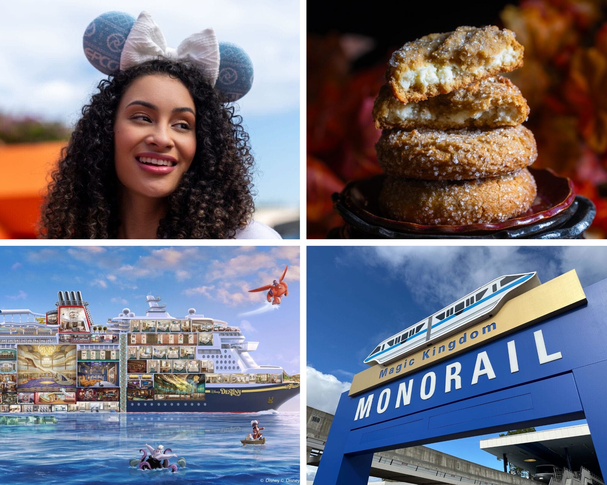 A woman in Minnie ears, stacked donuts, a cruise ship drawing, and Magic Kingdom’s monorail sign in a Disney park daily recap.