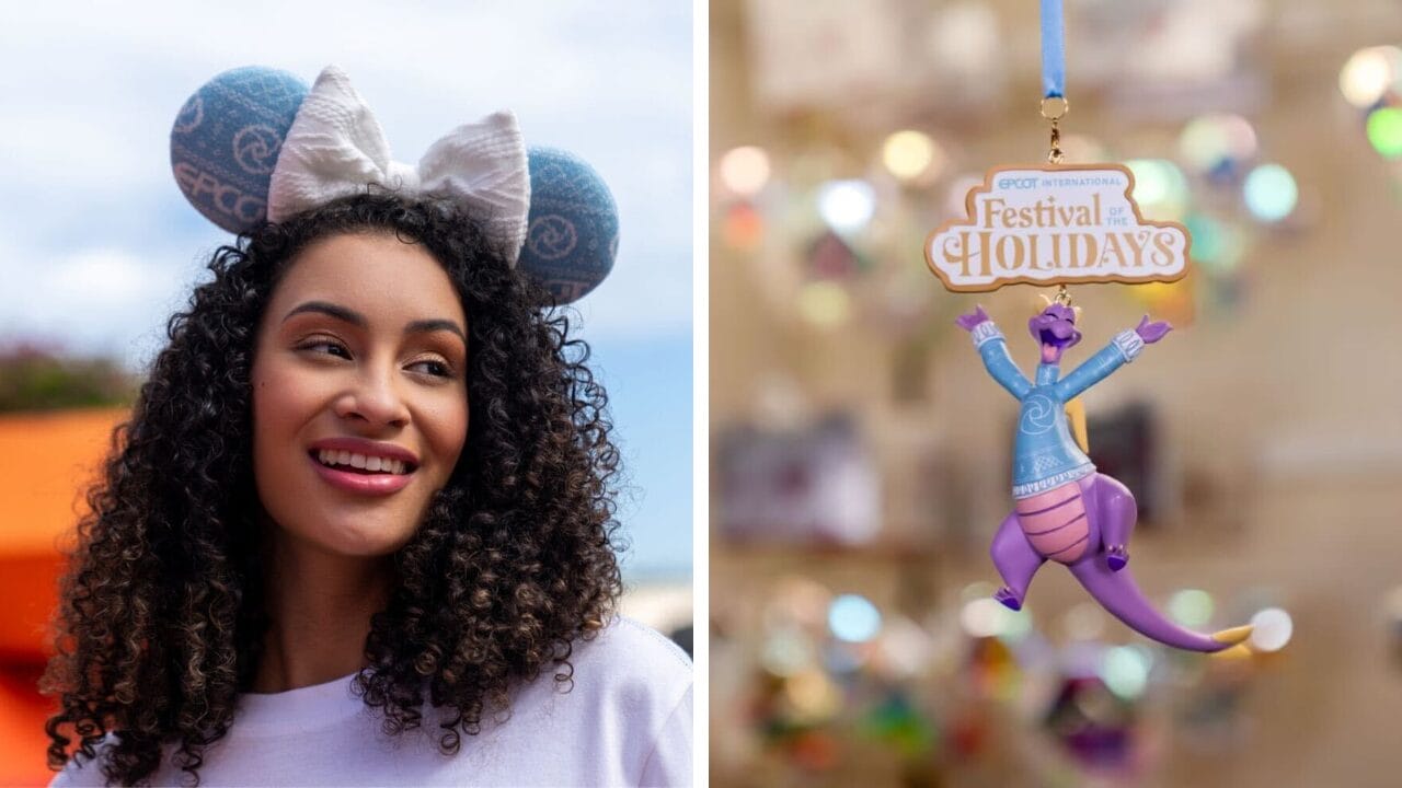 A woman wearing Epcot mouse ears smiles next to a Figment ornament at EPCOT’s International Festival of the Holidays.