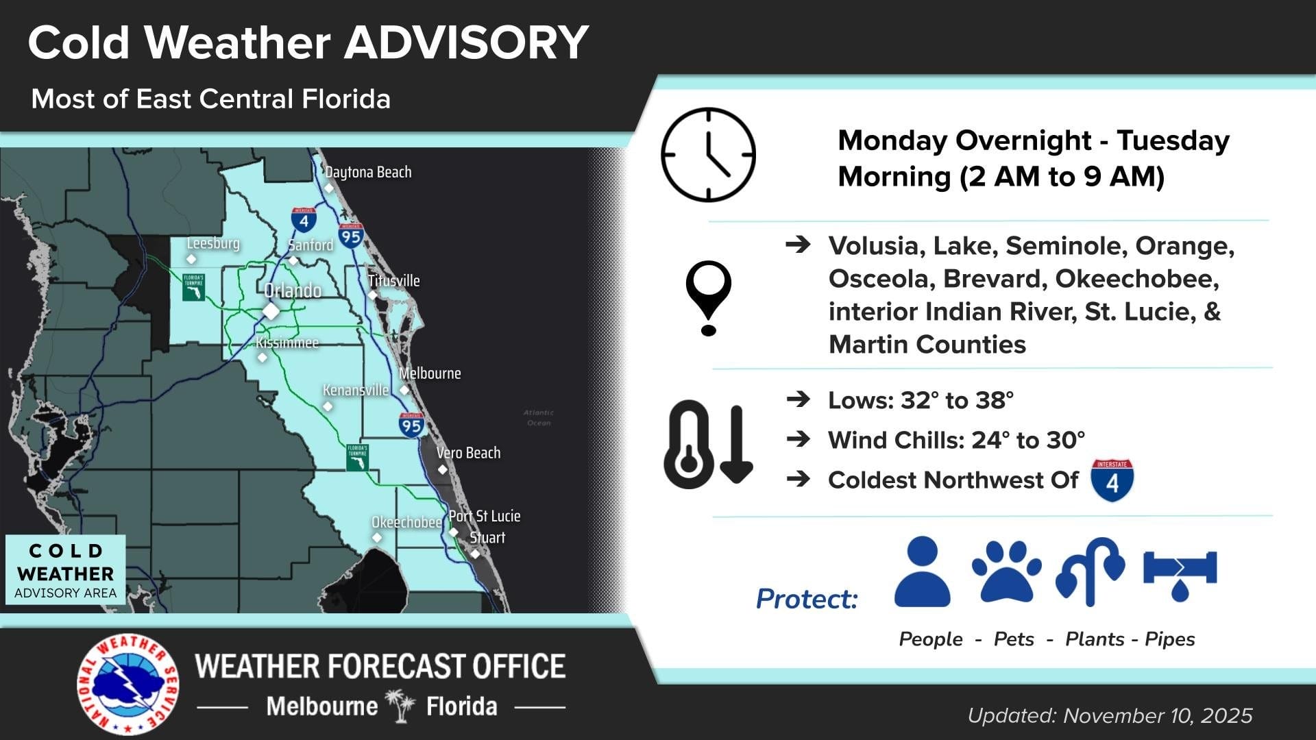 National Weather Service Issues Cold Weather Advisory for Central Florida