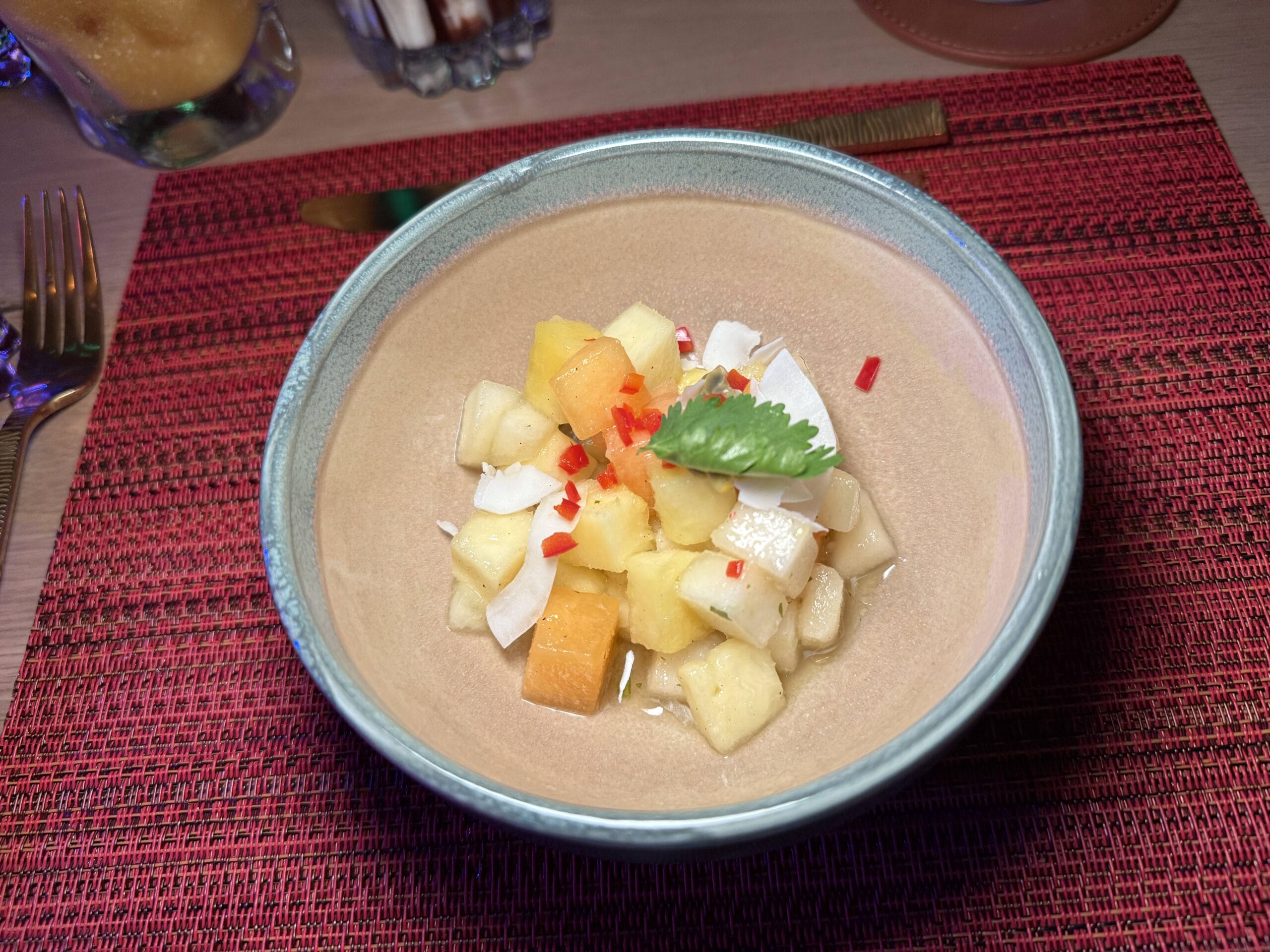 Passion Fruit, William Pear, Pineapple, Cantaloupe, Coconut, Guave, and Coriander-Chili Bears Lime Dressing