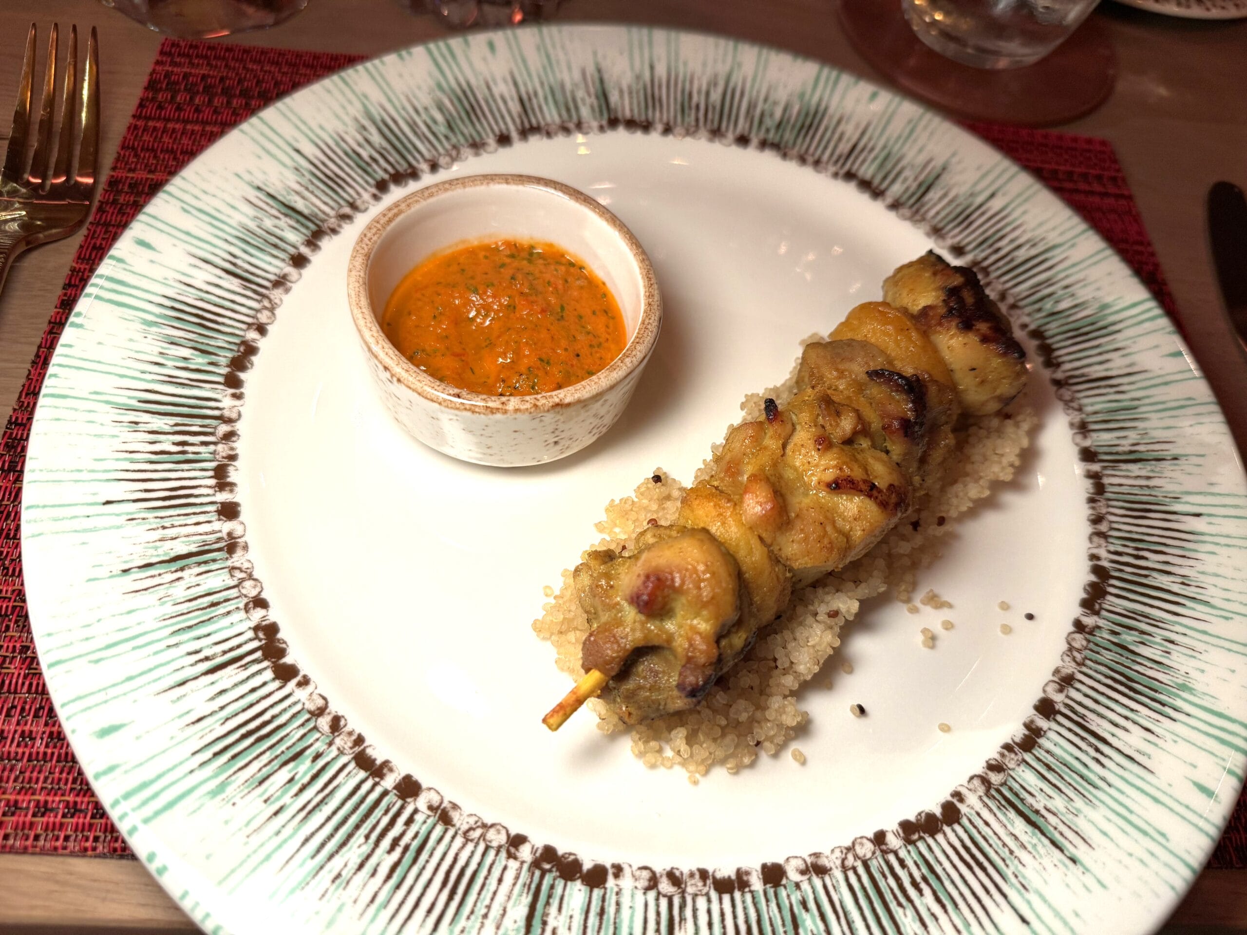 Grilled Chicken Skewers, Tri-color Quinoa Pilaf, and Red Chermoula