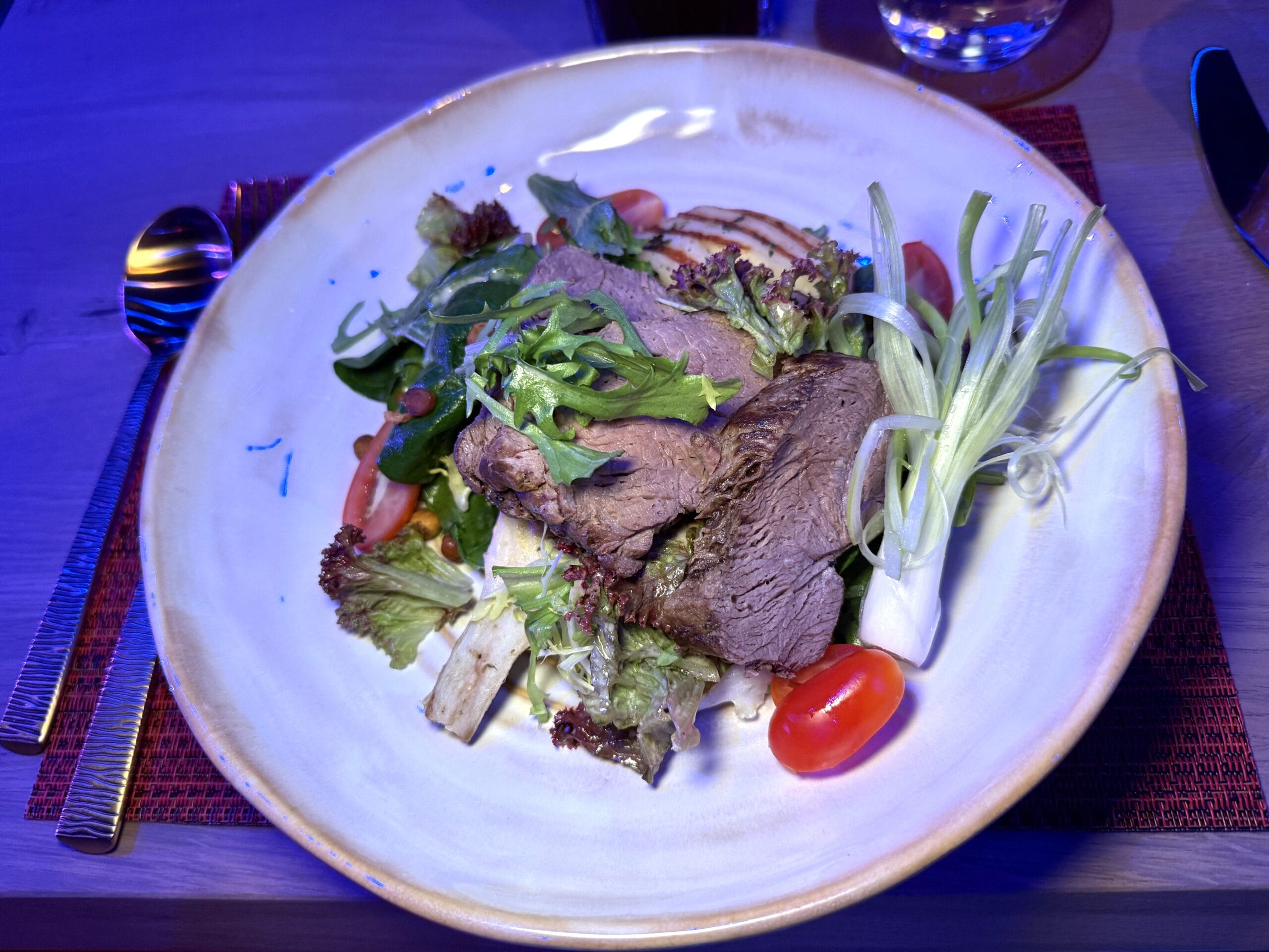 Beef Tenderloin, there is Grilled Halloumi Cheese, Lemon-marinated Artichoke Hearts, Carmelized Grape Tomatoes, Spice Garbanzo Beans, Cucumber, Baby Spinach, Escarole, Oakleaf, Green Onion, Lemon-Garlic Vinaigrette