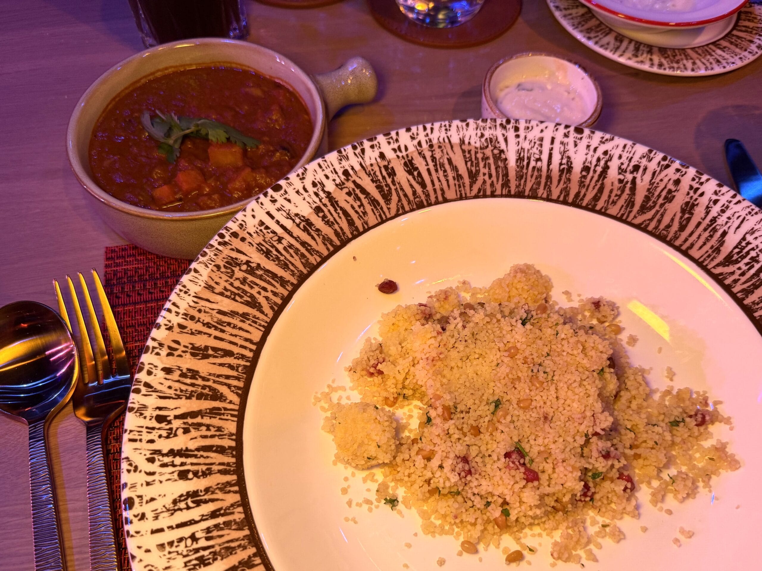 Masala Lentils, Forest Mushrooms, Souffle Topping, Fragrant Turmeric-Raisin Rice, and Roasted Red Pepper Samba