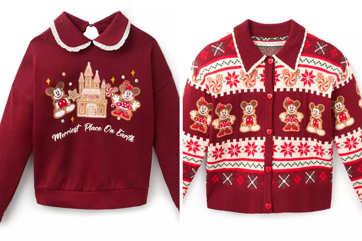 Two red Disney Parks Christmas sweaters with Mickey and Minnie gingerbread designs, featuring festive park-inspired patterns.