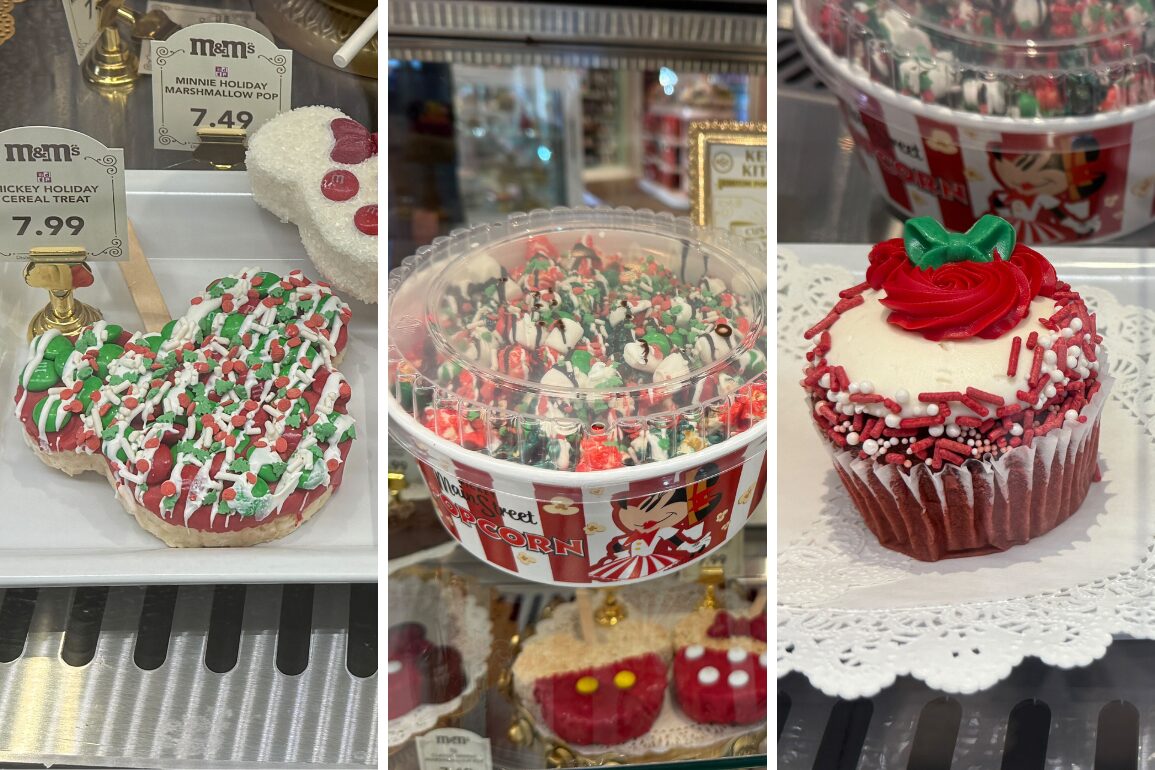 Holiday treats at Magic Kingdom: Mickey-shaped cereal, festive popcorn, and a red-frosted cupcake.