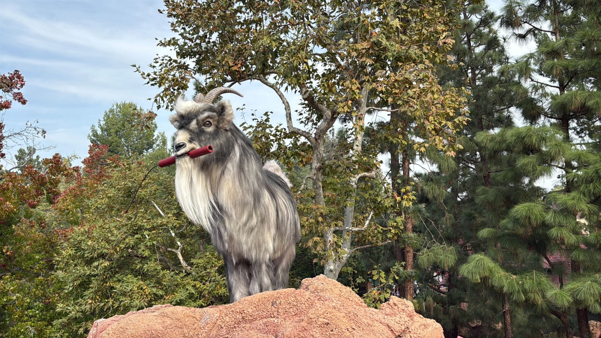 A mountain goat holds dynamite on Big Thunder Mountain Railroad in a Disney park, rocky ledge and trees reminiscent of Frontierland.
