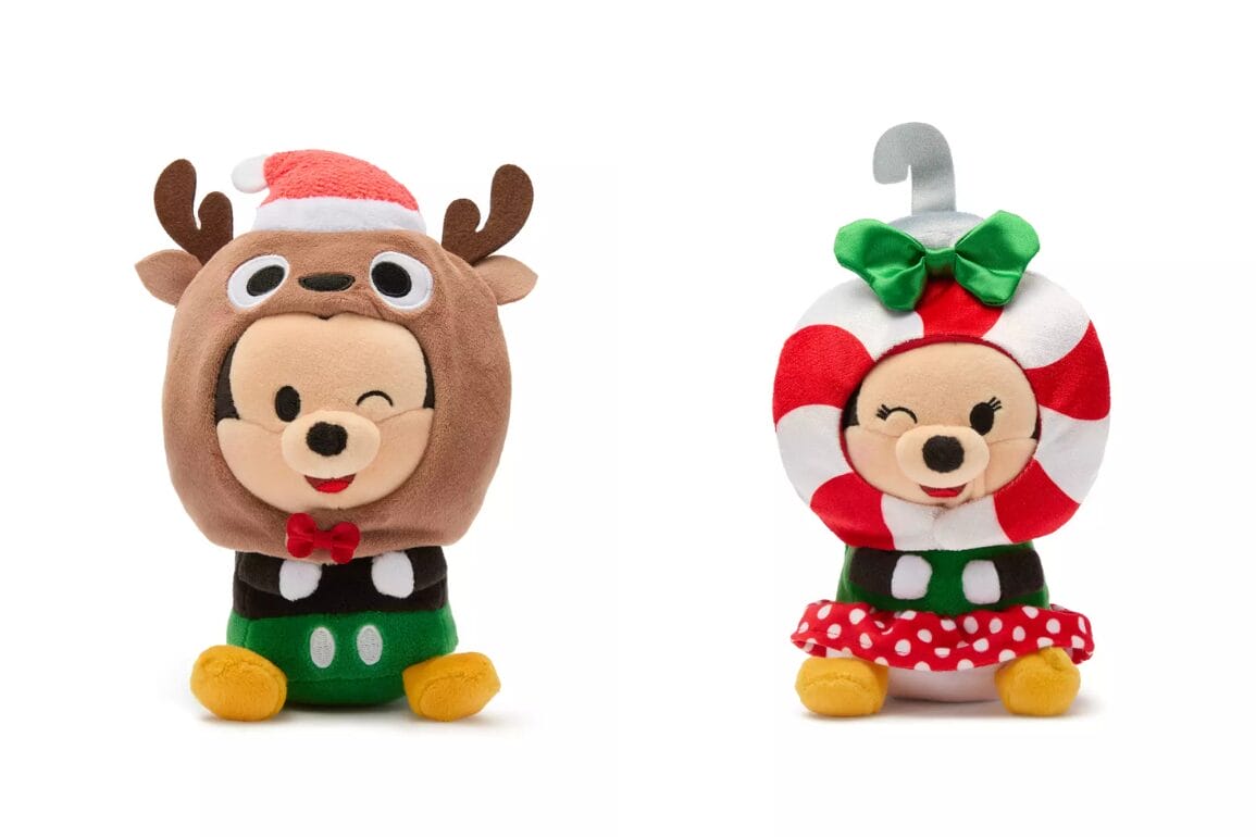 Two Disney Holiday Mini Mix-Its plushes, reindeer and candy cane outfits, both winking—seen at Disney Store.