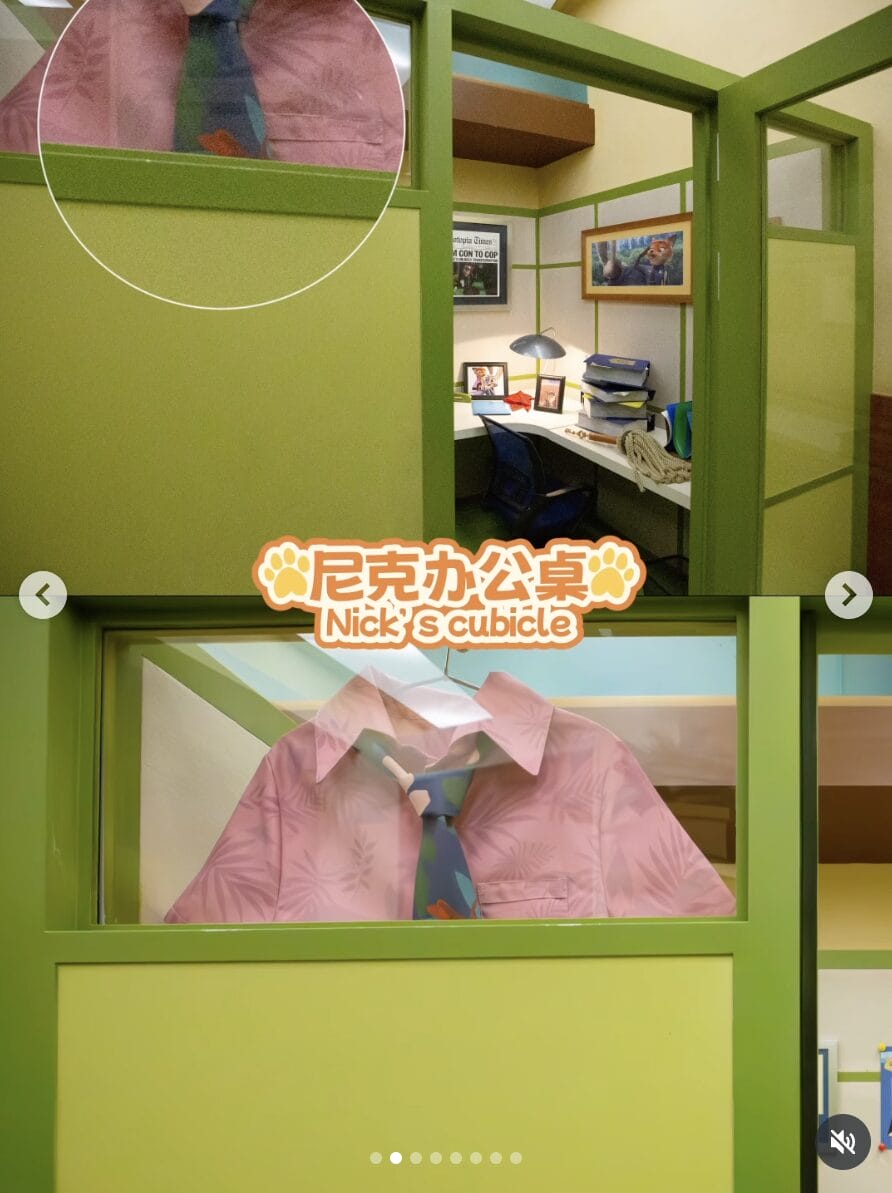 Nick’s cubicle features key evidence, a new picture of him and Judy, and his Zootopia 2 shirt.