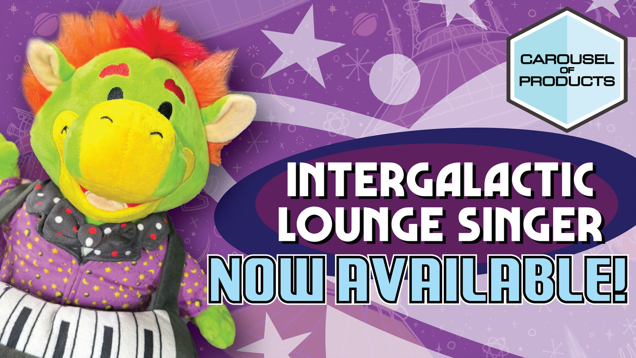 A vibrant dinosaur puppet in a tux, with "Intergalactic Lounge Singer Now Available!" on a purple cosmic backdrop—no Disney castle shown.