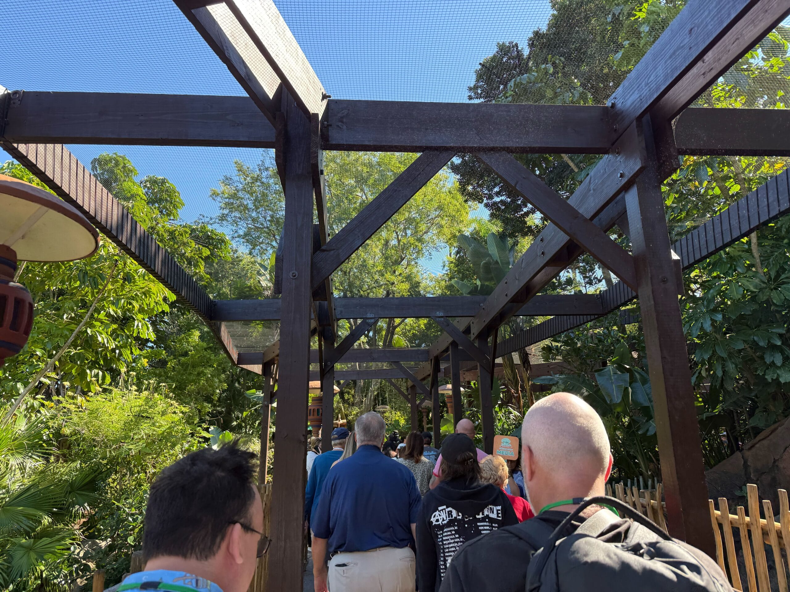 Guests stroll beneath a wooden pergola by the Tree of Life at Disney's Animal Kingdom, enjoying sunshine and lush scenery.