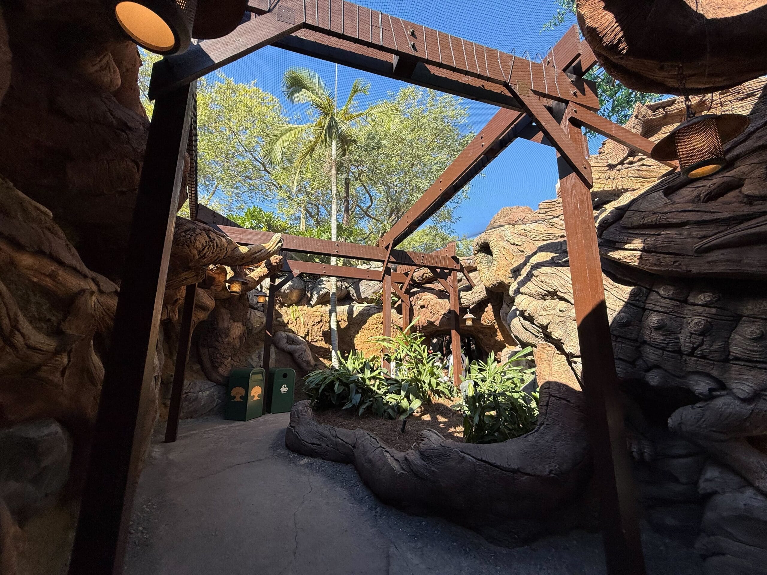 A shaded Disney pathway with wooden beams, rock walls, lush greenery, and trash cans beneath palm trees on a clear blue sky day.