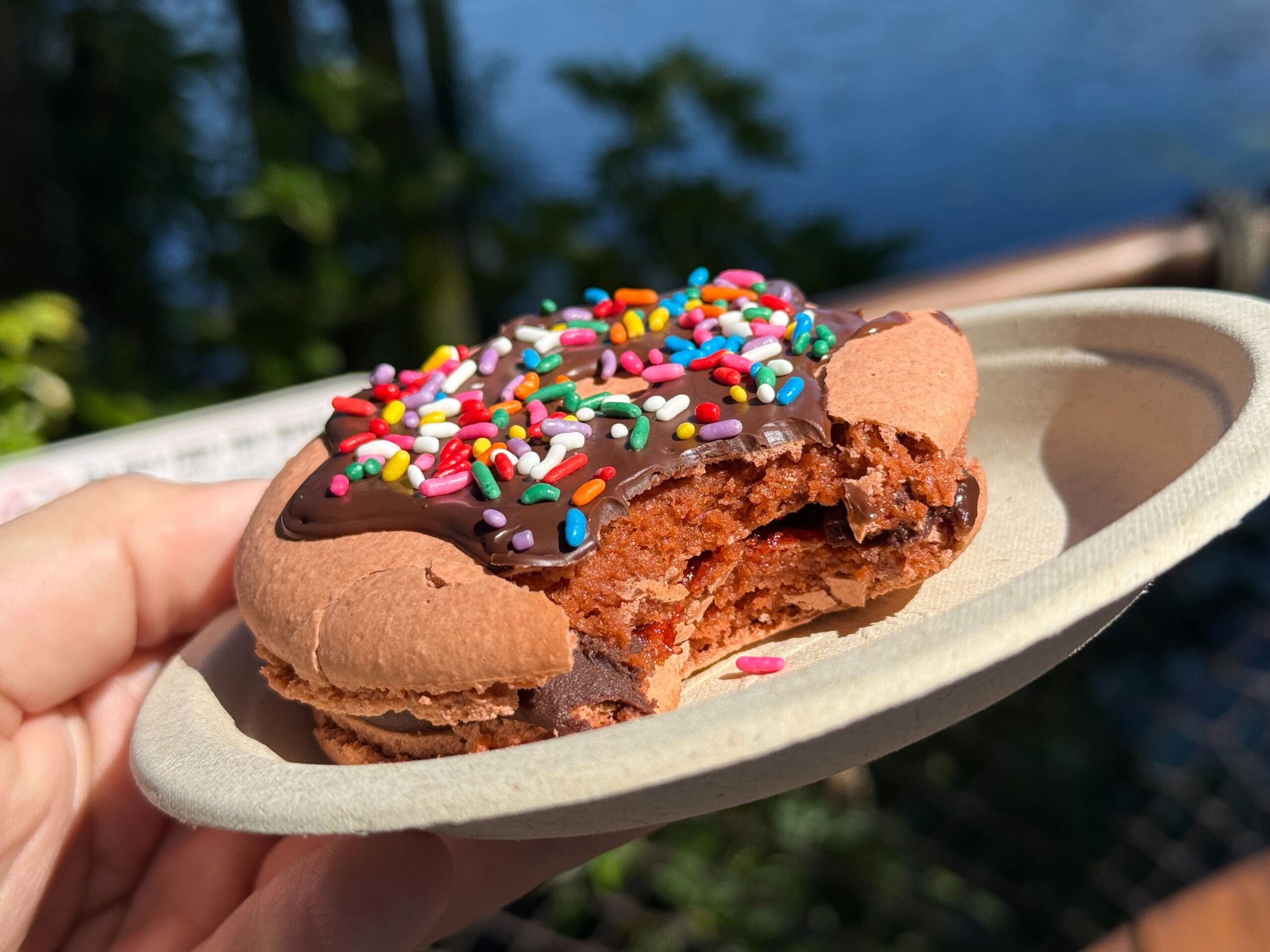 A hand holds a bitten chocolate macaron with sprinkles on a plate by the water, reminiscent of Disney park snack spots.