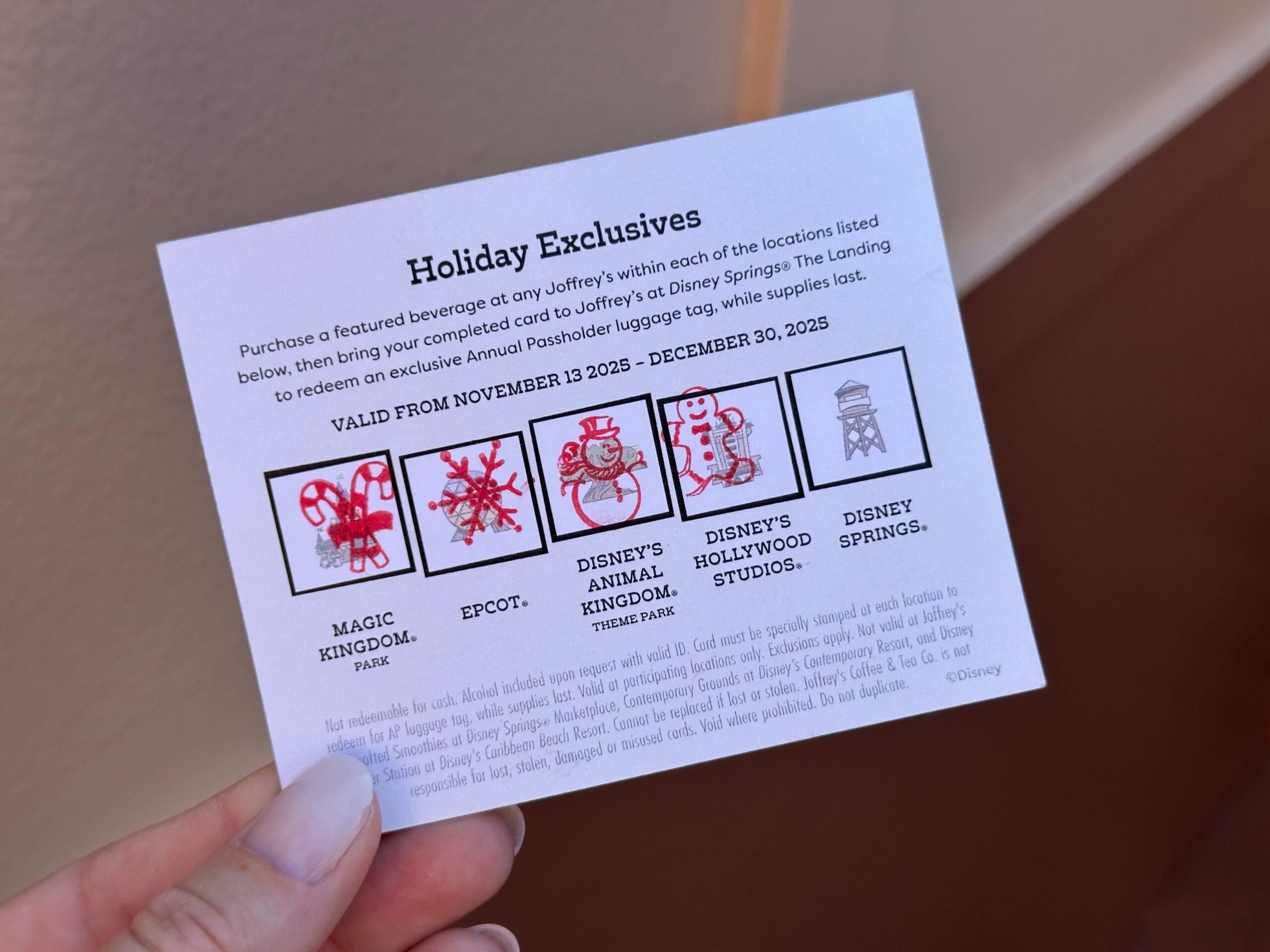 Passholder-exclusive card for Joffrey's holiday drinks at Disney World