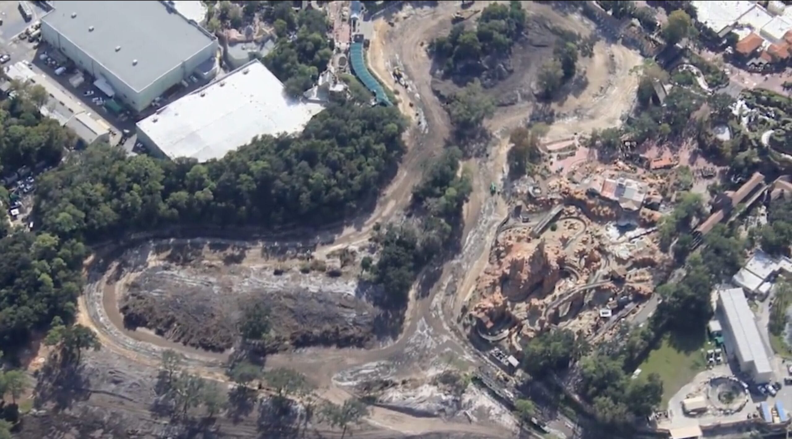 Aerial view of Tom Sawyer Island construction at Magic Kingdom