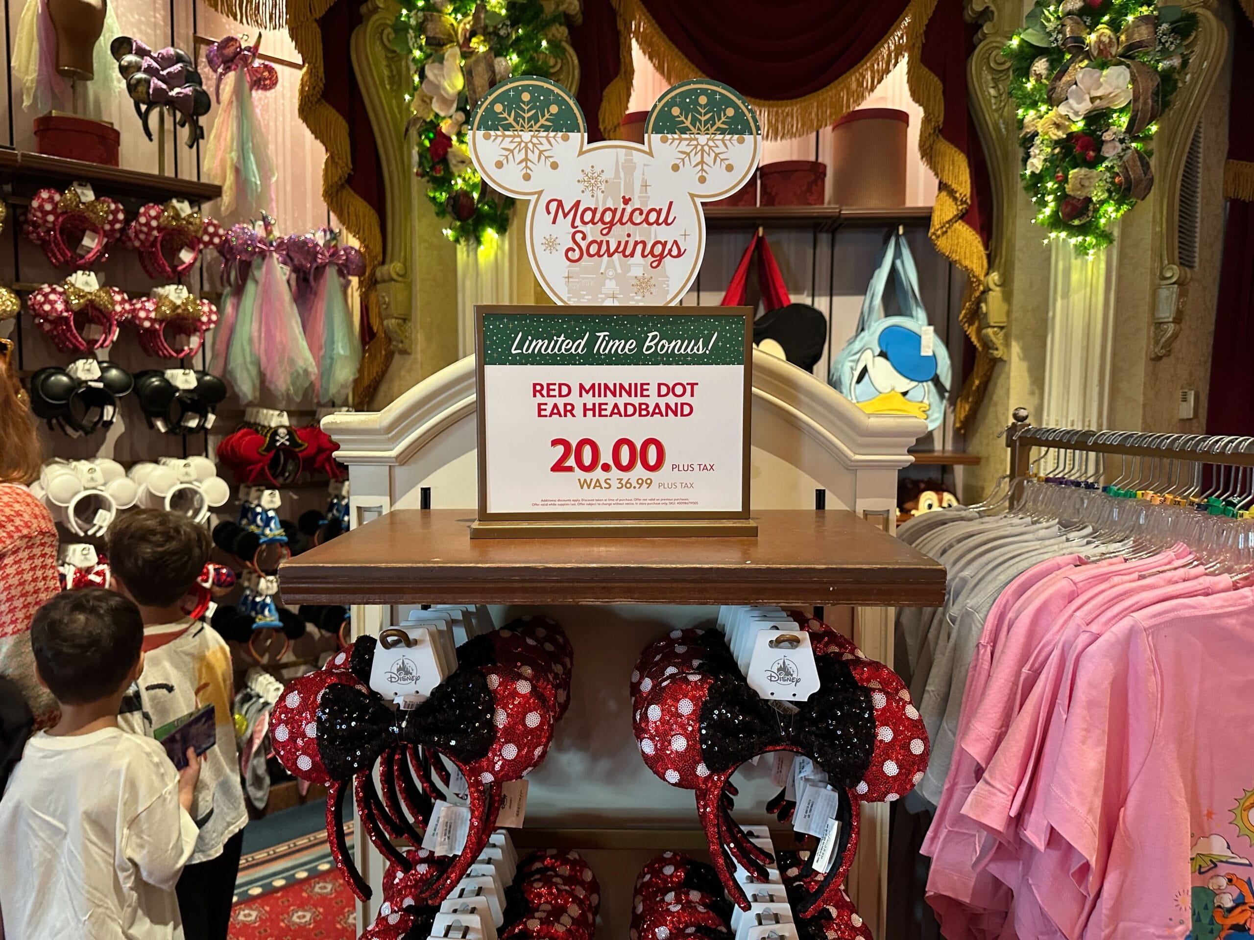 At Main St. Cinema, the red Minnie dot ear headband and Minnie popcorn ear headband are now priced at $20 each, reduced from $36.99.