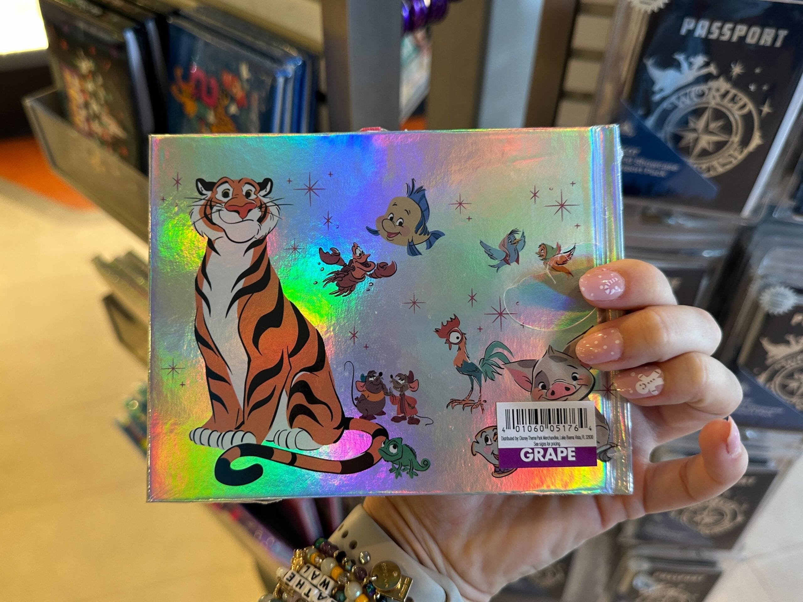 Disney Princess autograph book back cover featuring Rajah, Jaq and Gus, Pascal, Hei Hei and Pua, Chip, Sebastian and Flounder, and the birds from Cinderella.