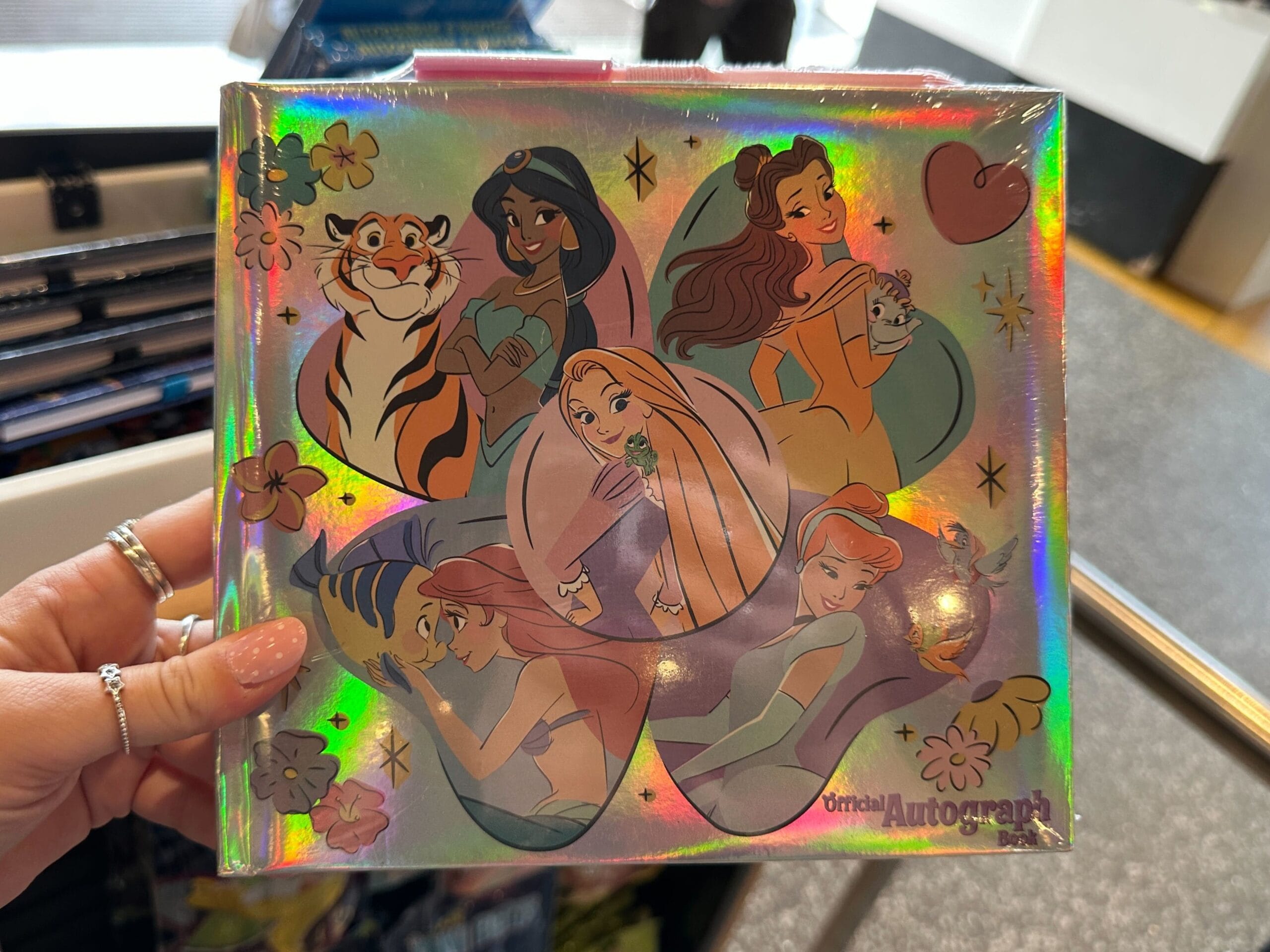 Disney Princess autograph book with photo sleeves front cover featuring Jasmine with Rajah, Belle with Chip, Rapunzel with Pascal, Ariel with Flounder, and Cinderella with the birds.