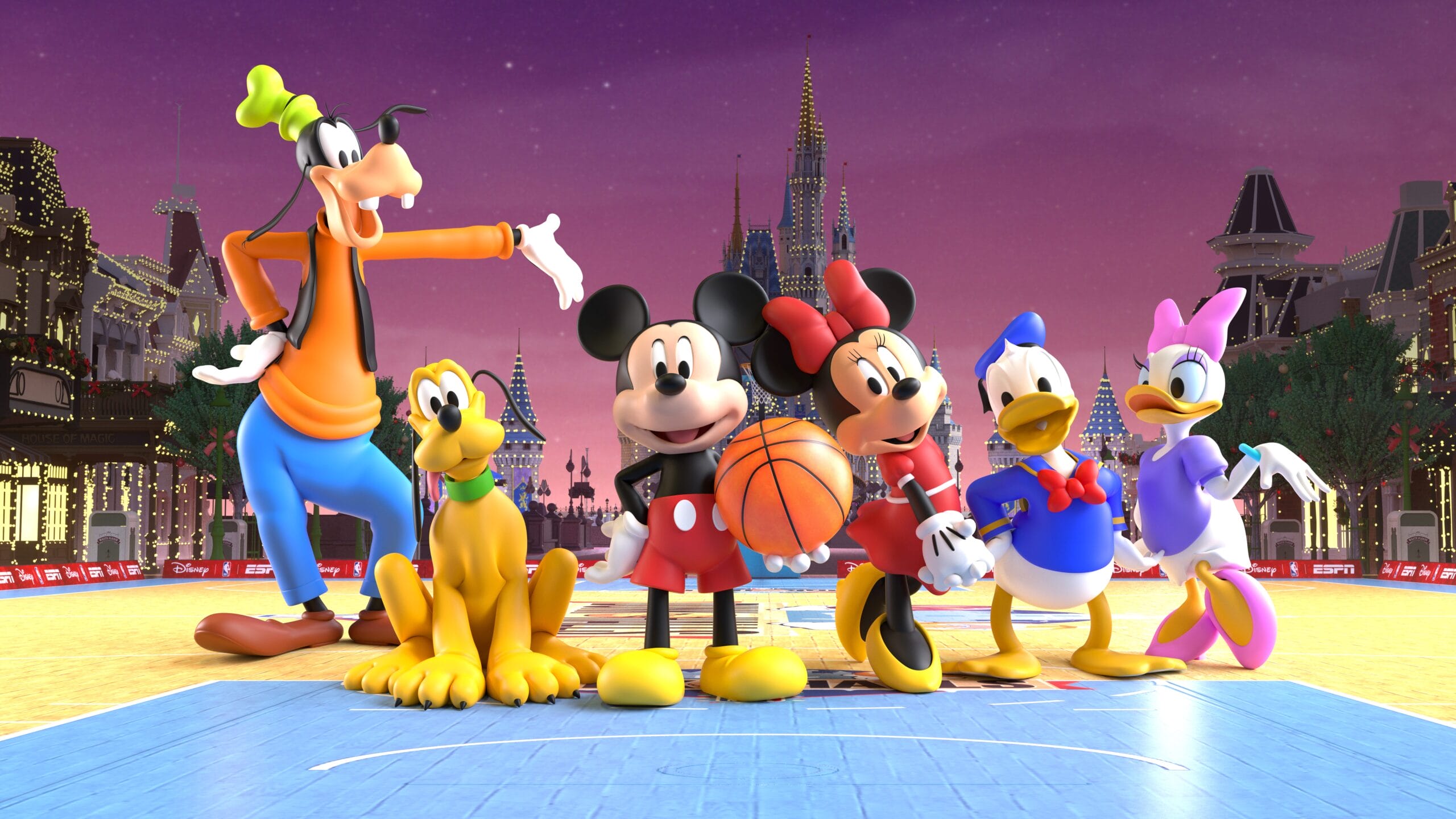 Goofy, Pluto, Mickey, Minnie, Donald, and Daisy posing on Main Street, U.S.A in Magic Kingdom. Mickey is holding a basketball.