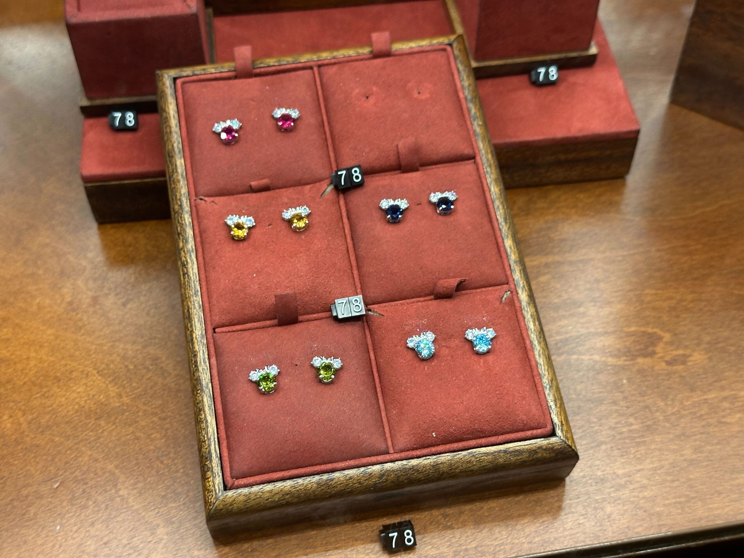 Each set features a birthstone as the "face" of Minnie with diamond ears and a silver bow.