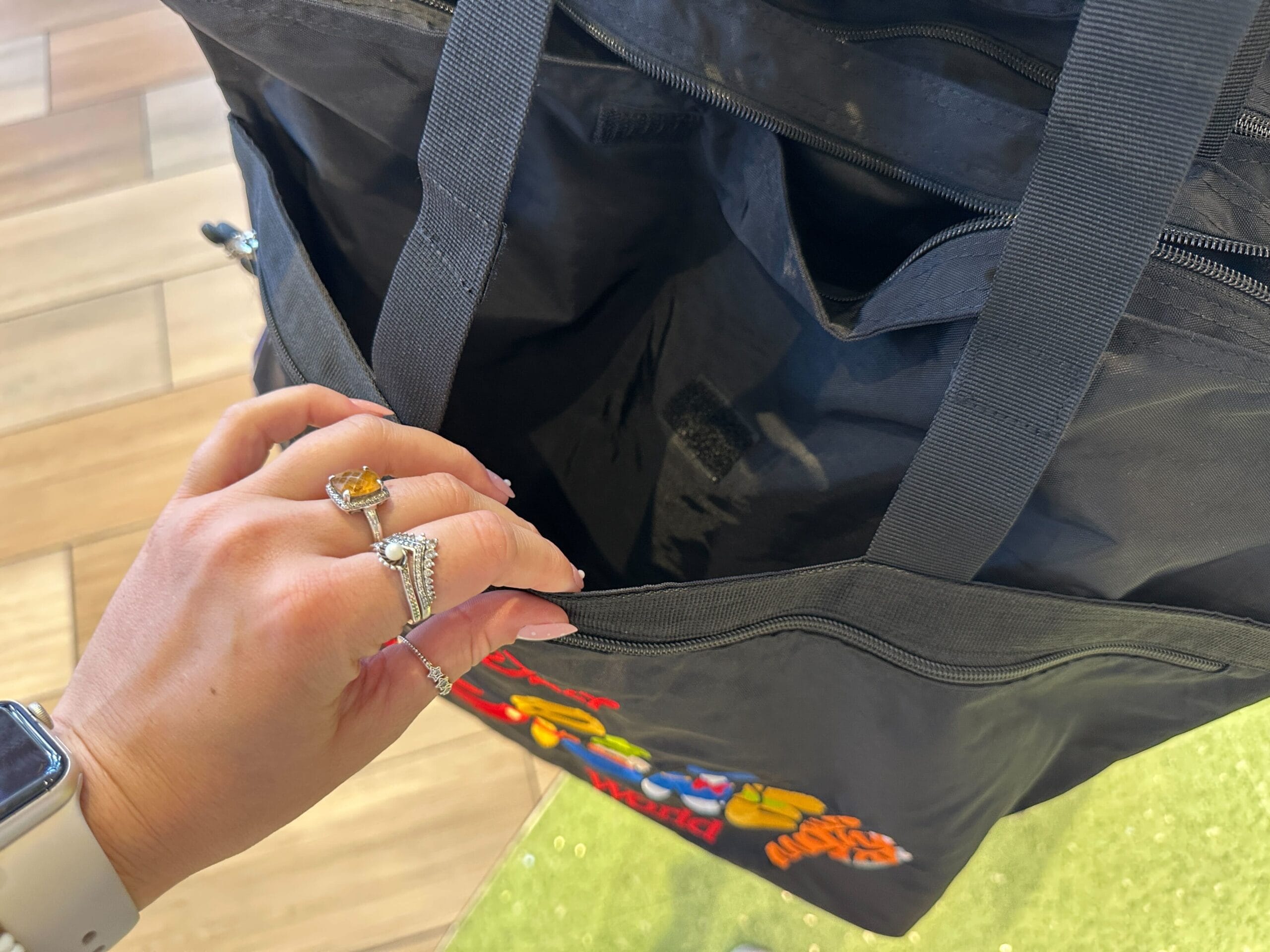 One pocket of the tote bag.