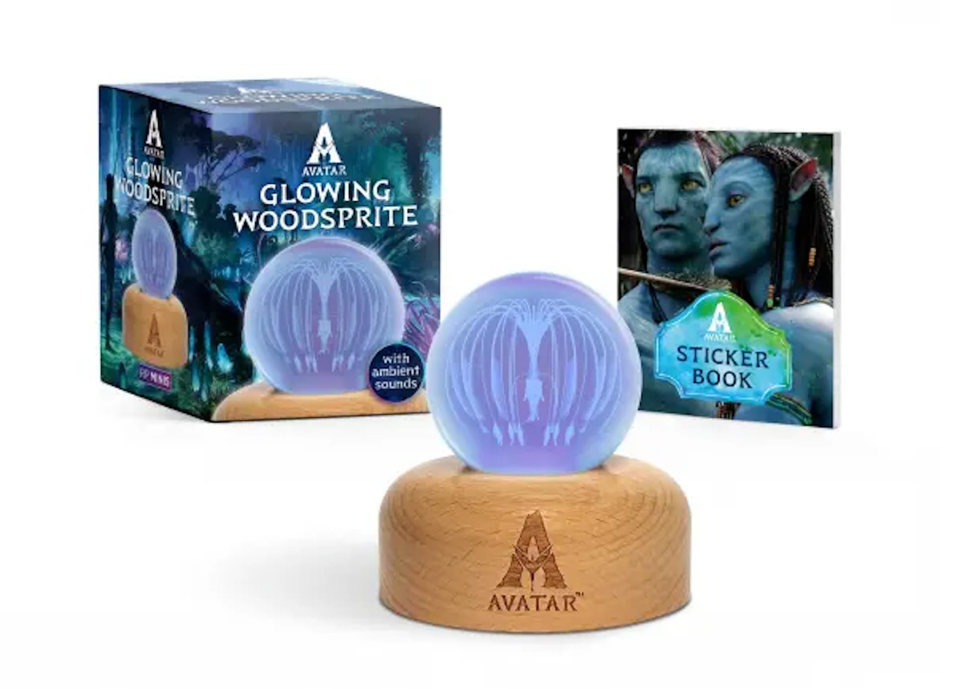 The Avatar Glowing Woodsprite Kit from Hachette kit includes an Avatar sticker book and desk lamp that glows and plays ambient sound when activated.