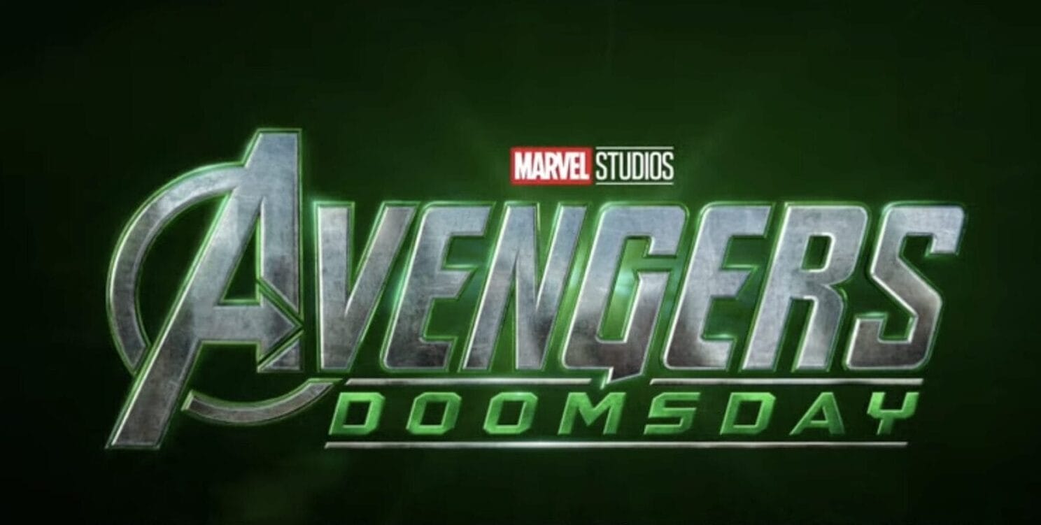 Text reading "Marvel Studios Avengers: Doomsday" with the phrase "Now in Production" below, set against a dark green background.