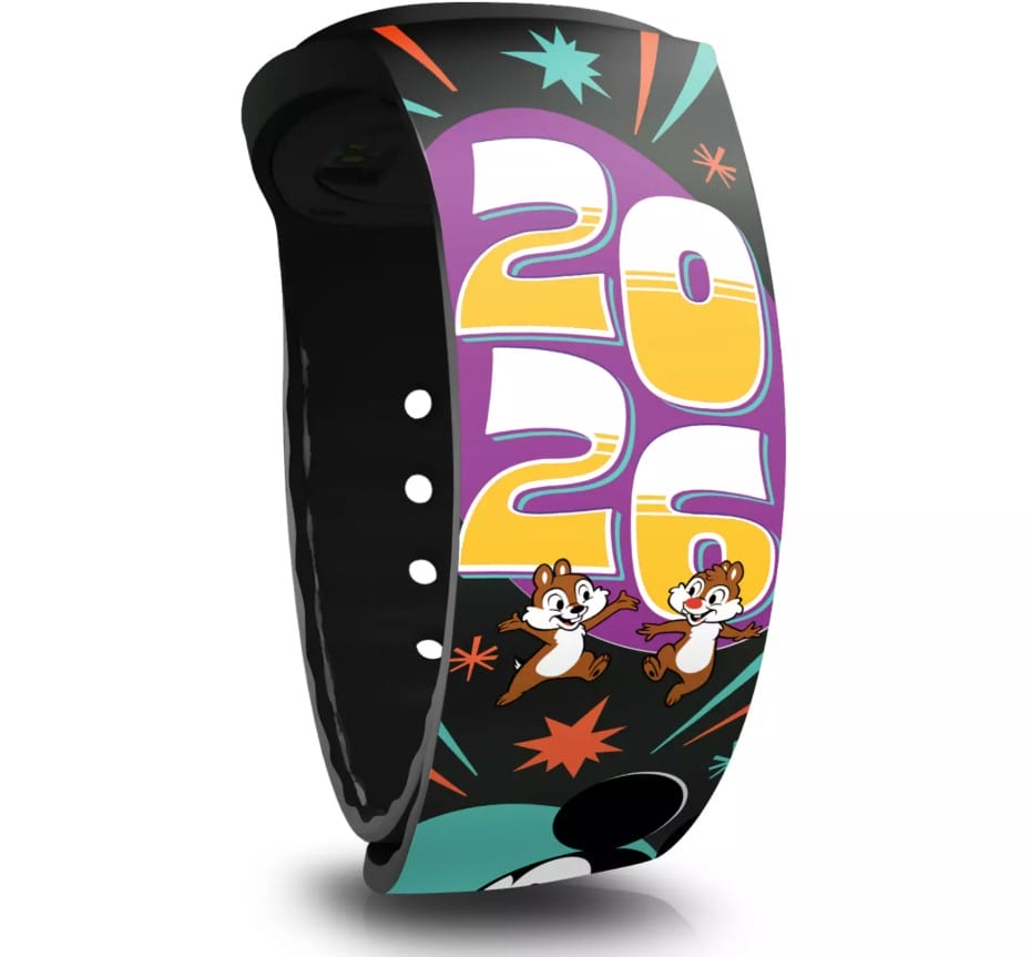 This MagicBand+ features Mickey, Minnie, Chip 'n Dale and ''2026'' yellow and white logo on the strap, and the tappable icon has an image of the Fantasyland Castle in teal.