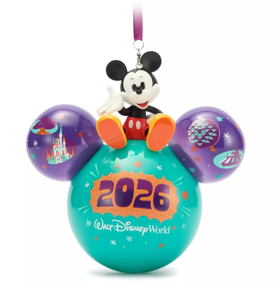 The icon glass ball ornament is topped by a sculpted Mickey figure and a glittering 2026 logo.