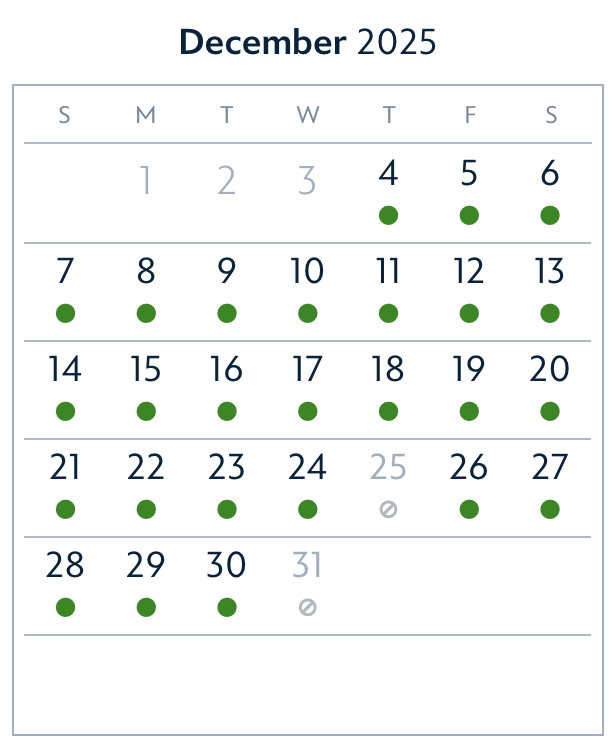 Annual Passholder reservation calendar for December 2025