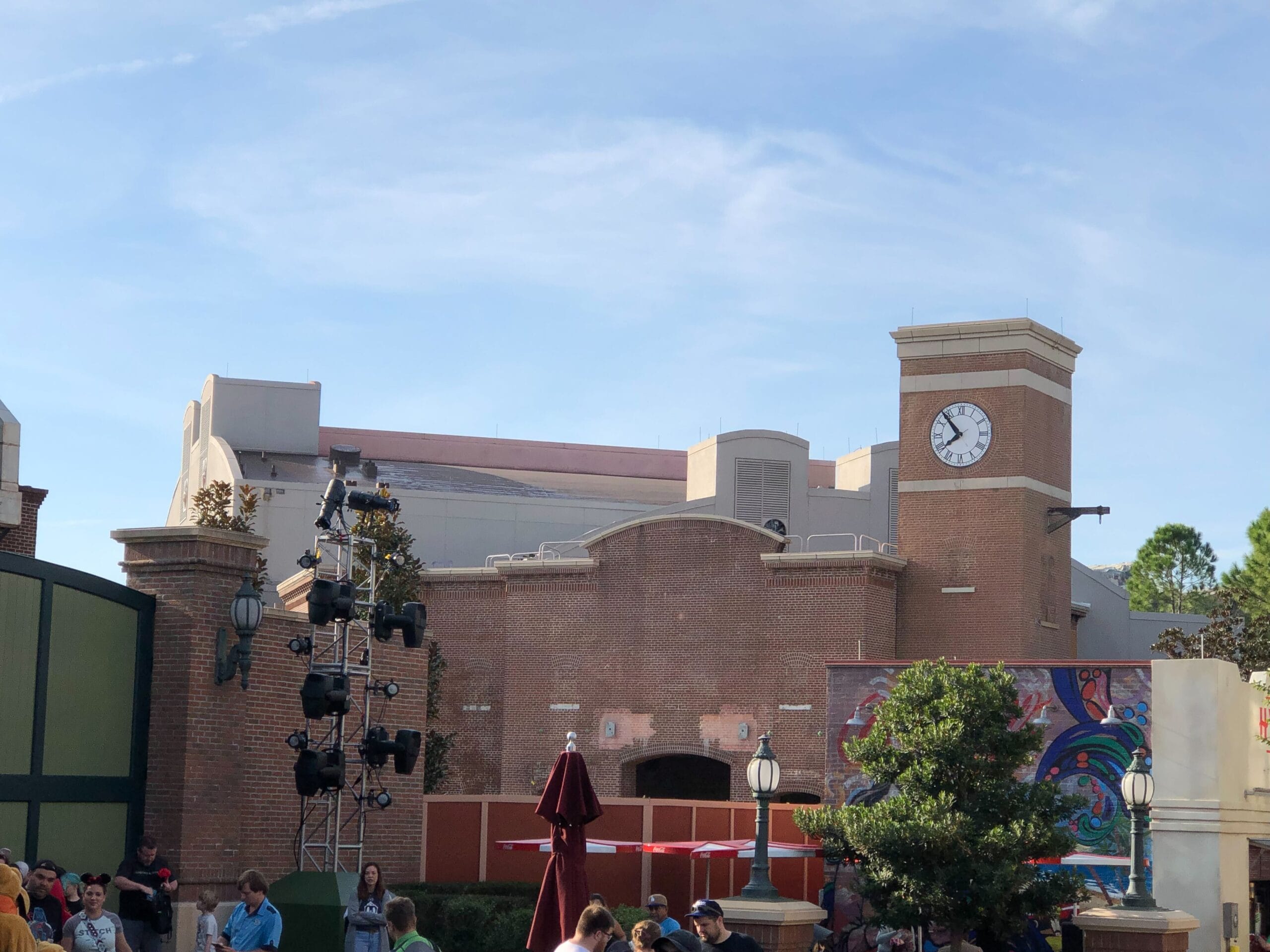 The fake windows and awnings have been removed from the façade of the MuppetVision 3D theater in Disney's Hollywood Studios.