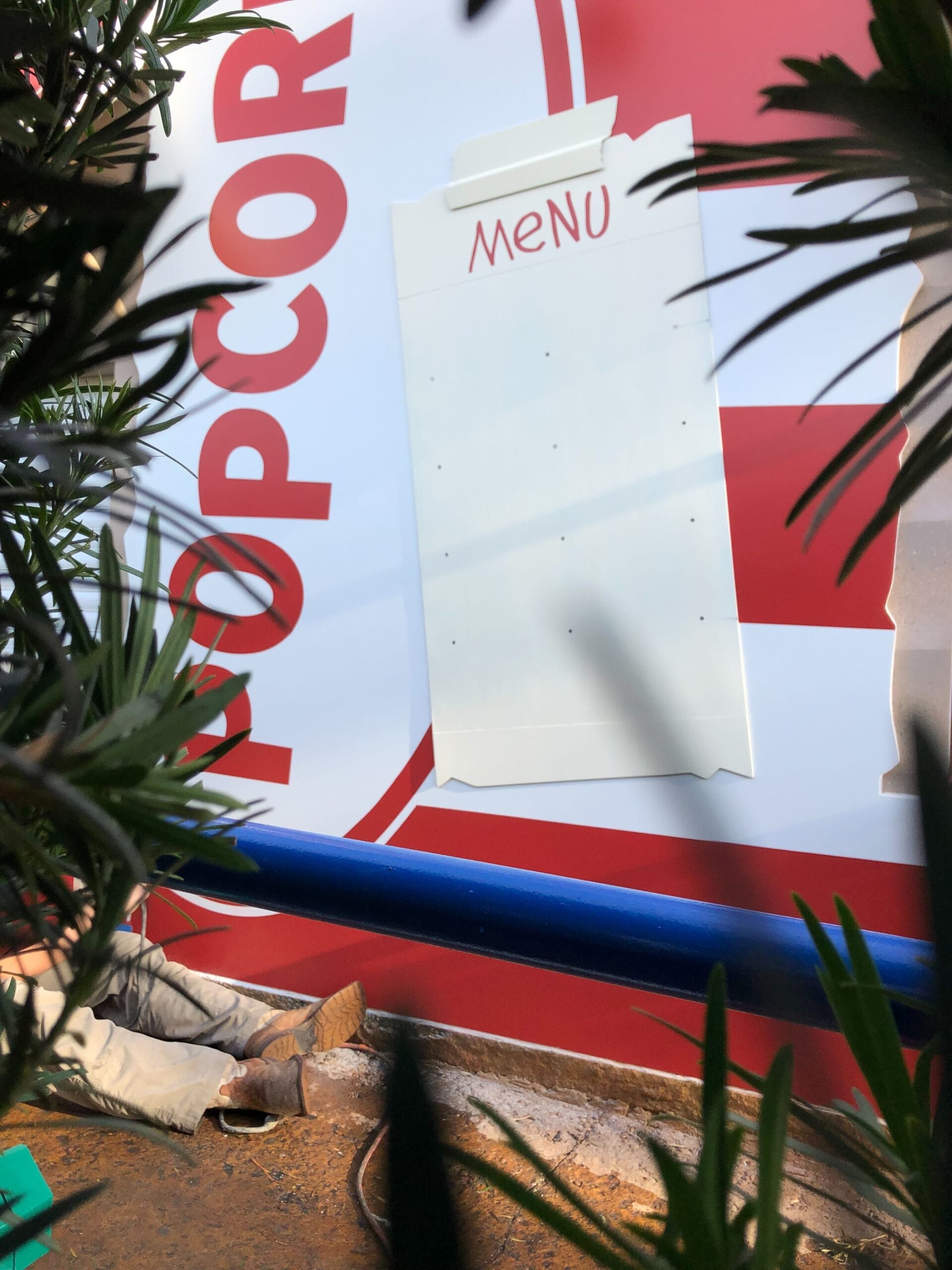 The menu display for the new Toy Story Land snack kiosk has been installed, but no menu items are available to view yet.