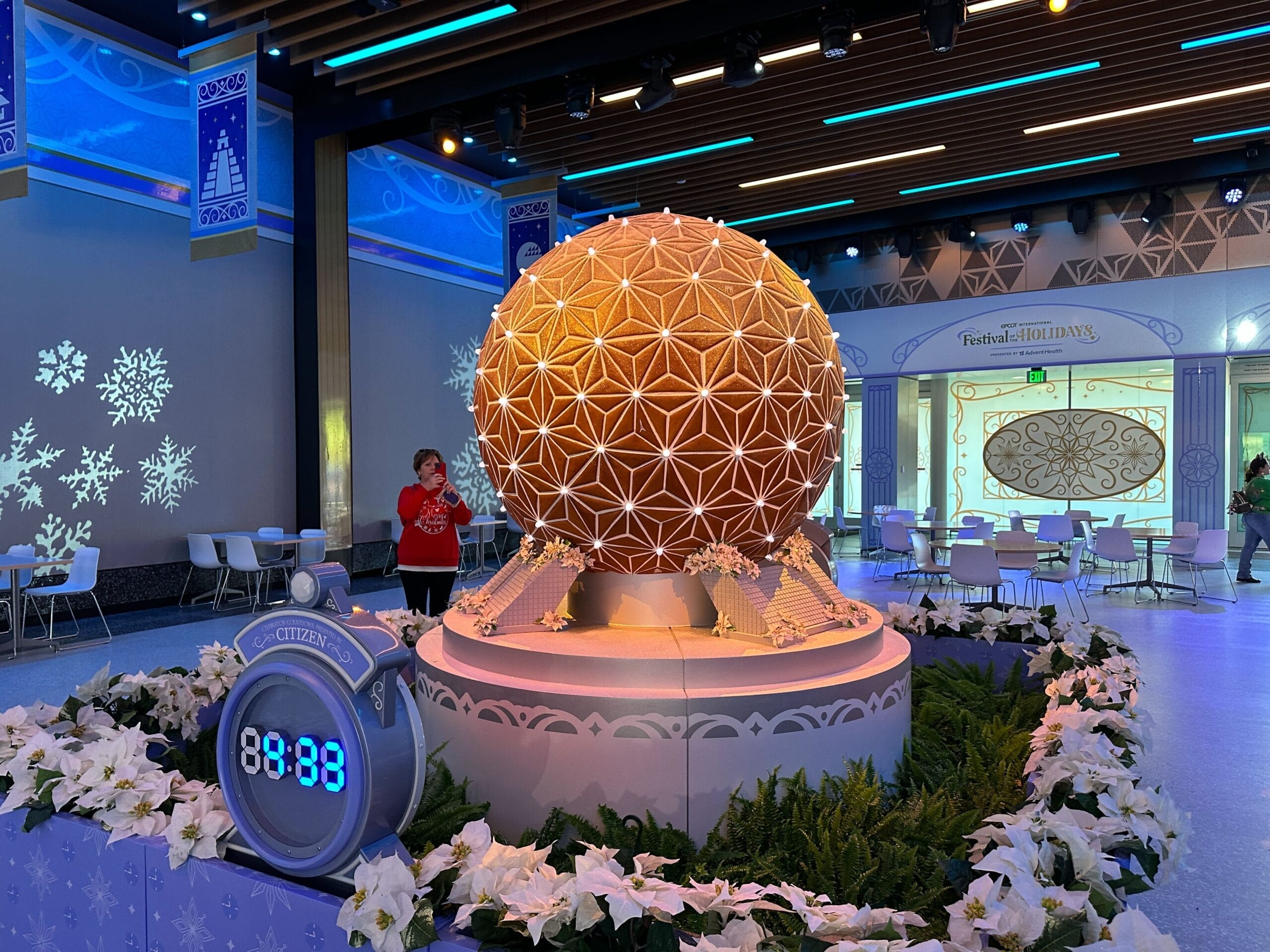 The Spaceship Earth gingerbread display is located in CommuniCore Hall along with the Santa meet and greet.