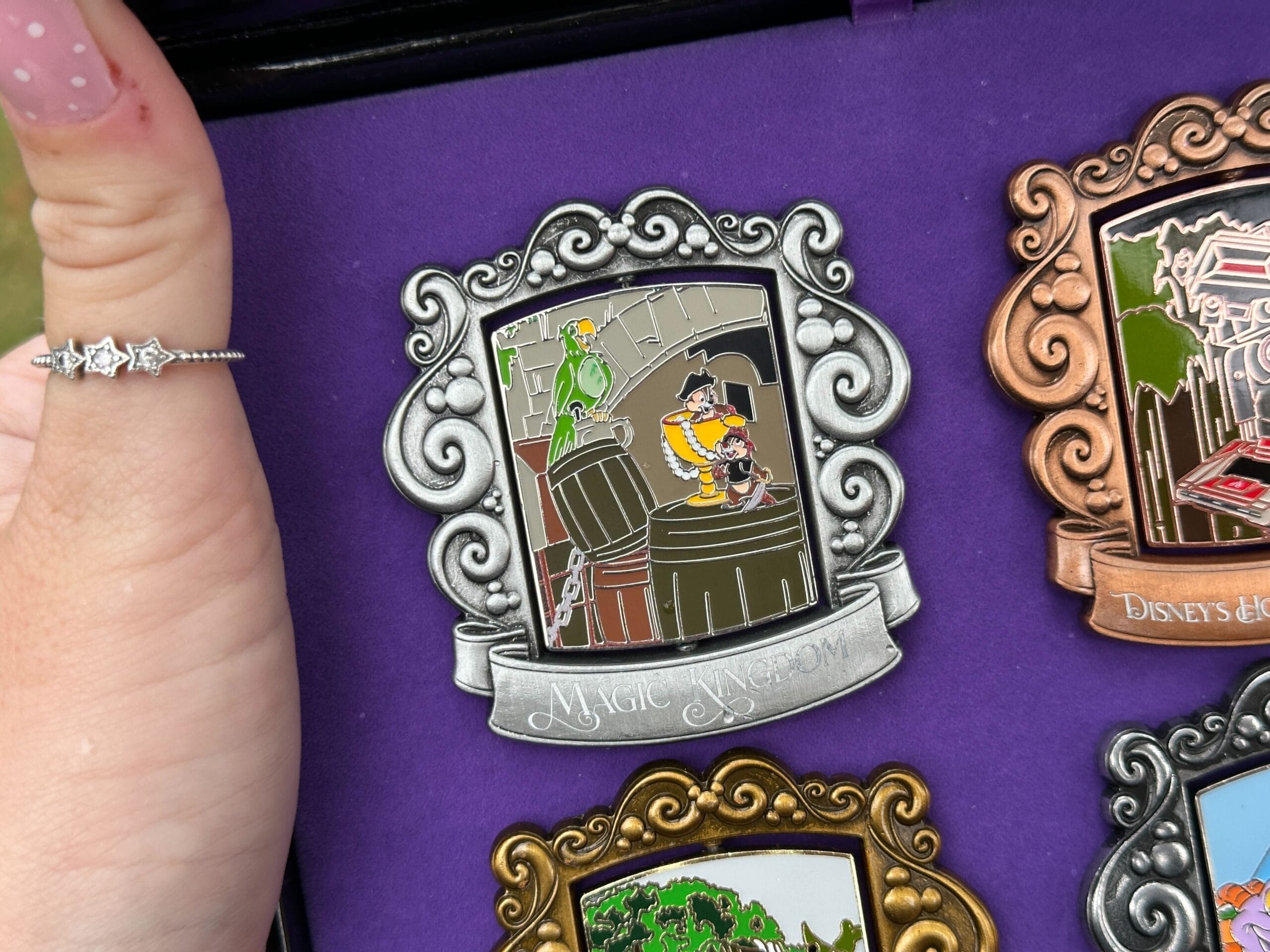 The other side features Chip 'n' Dale at Pirates of the Caribbean with the Barker Bird.