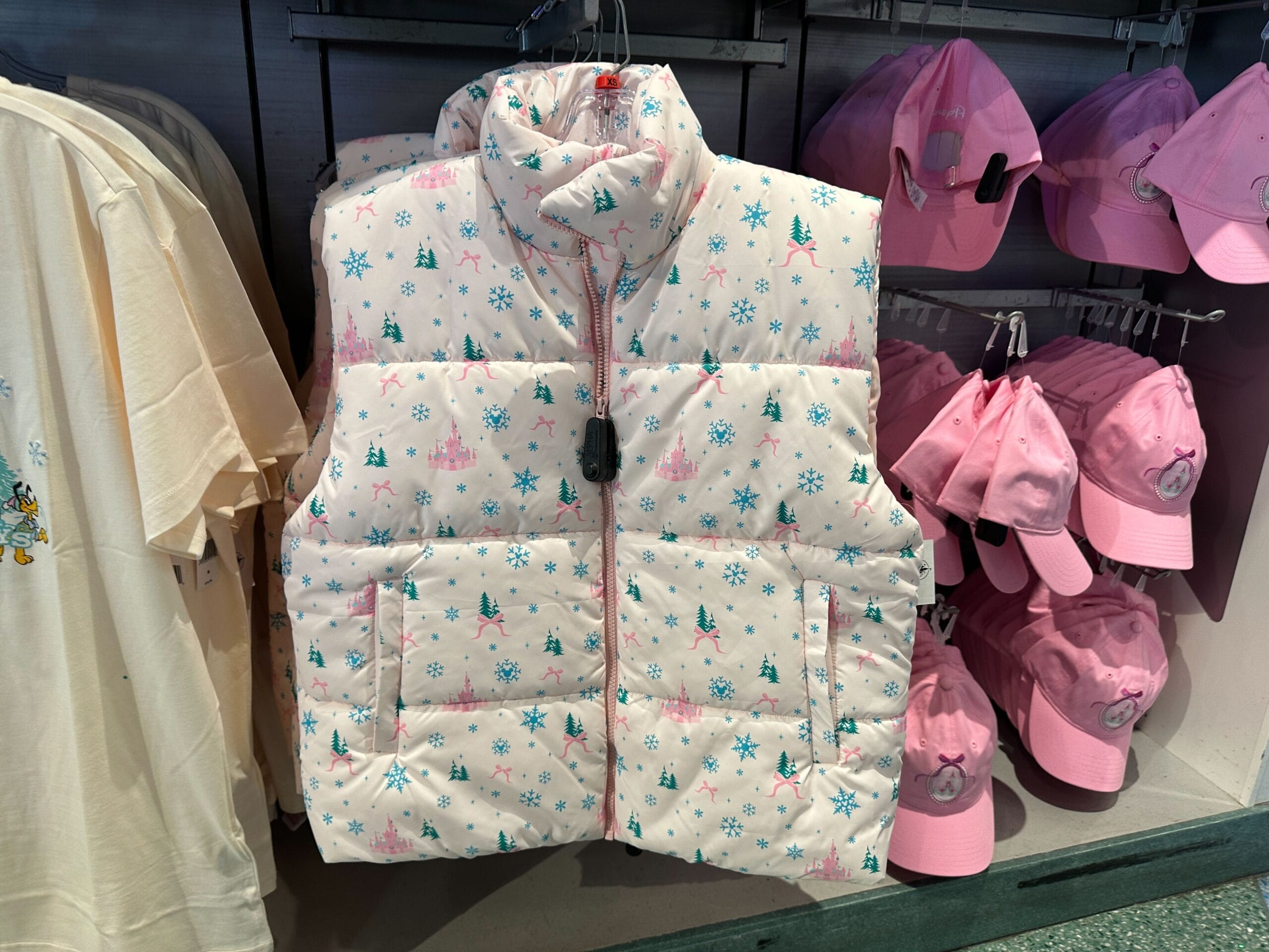 New Pastel Pink Castle Holiday Puffer Vest at Walt Disney World