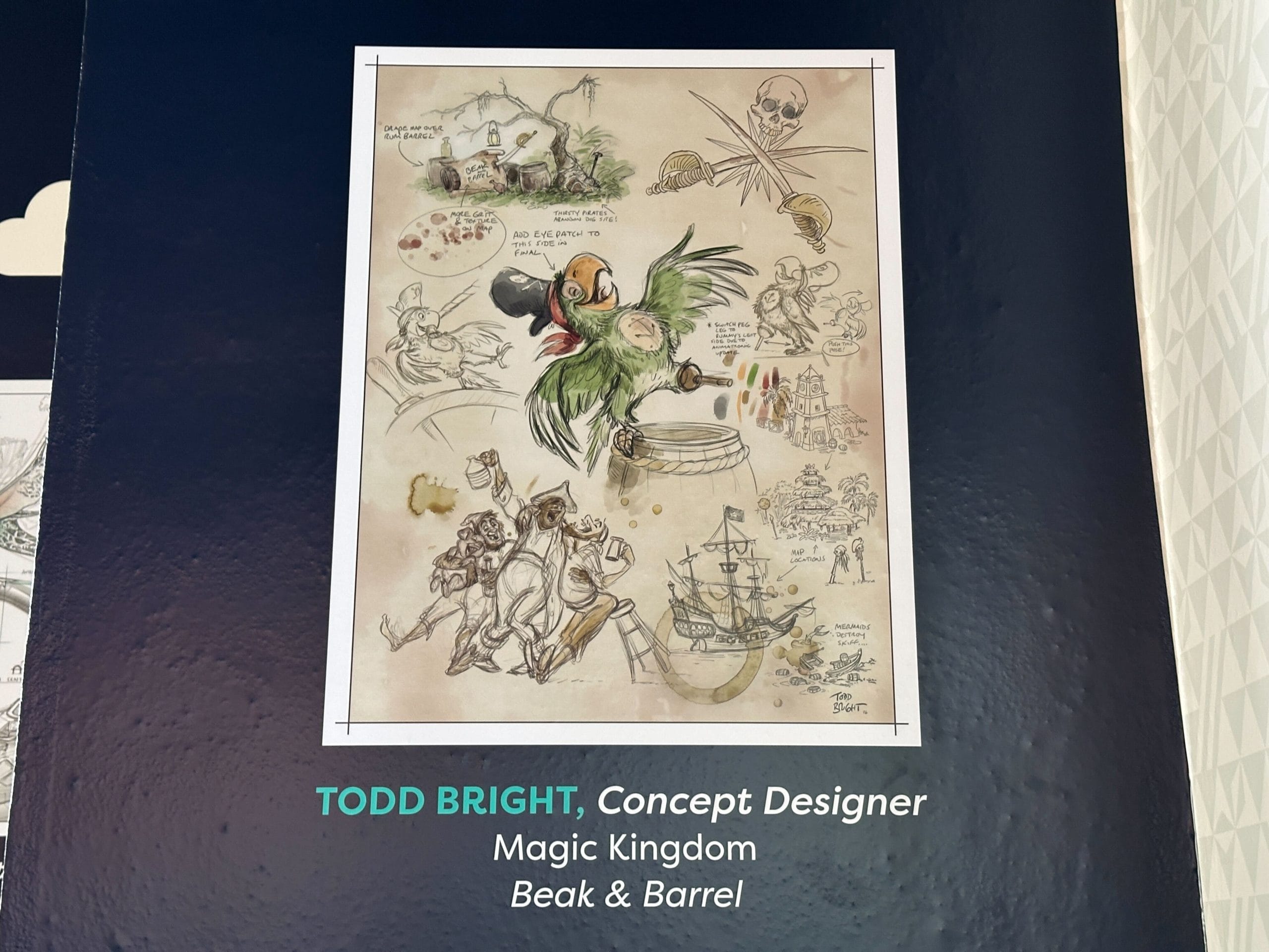 In the center is a sketch of Peg Leg Pete. Surrounding him are various sketches of characters, building architecture, and other thematic details to bring the bar to life.