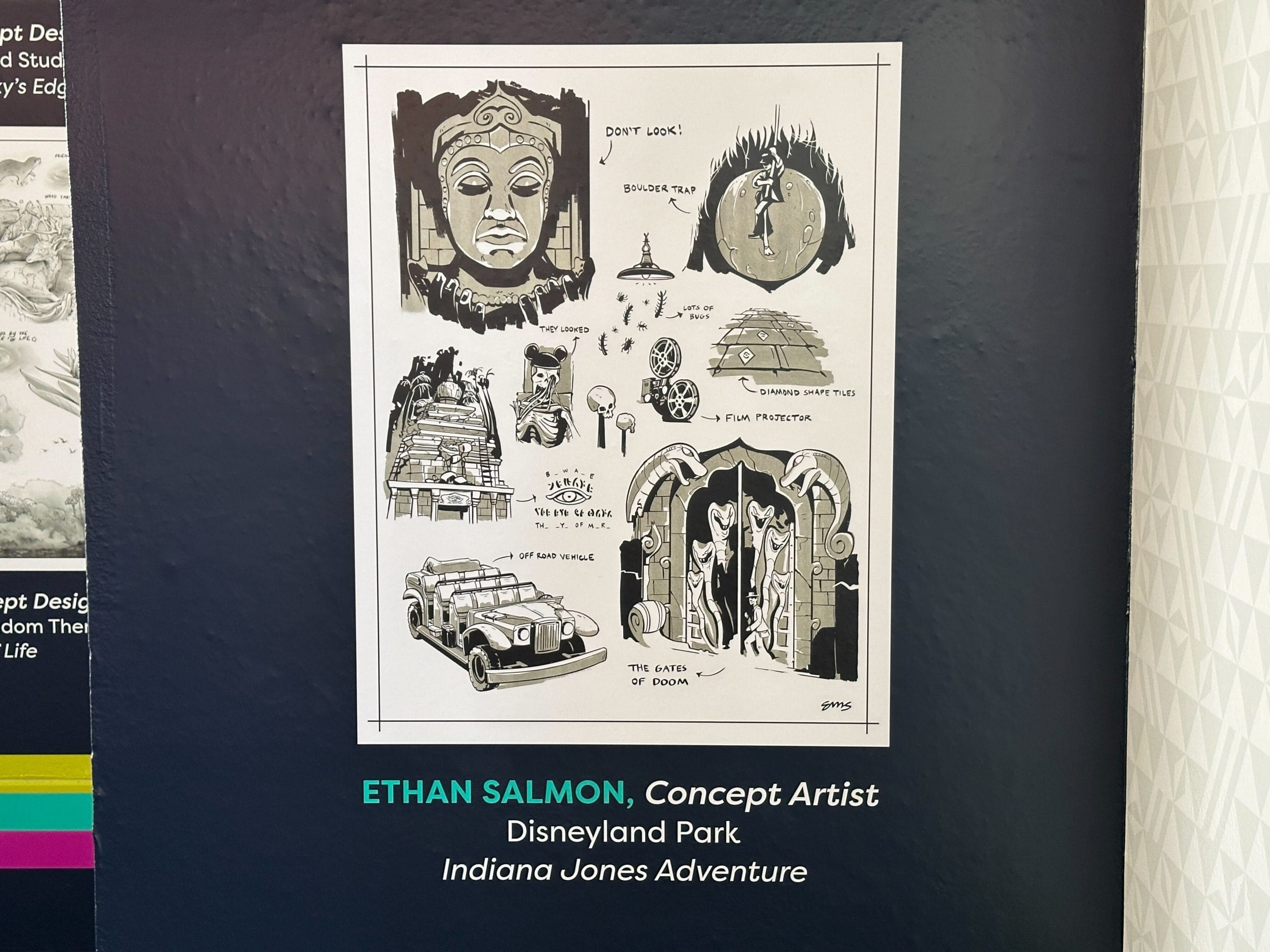 Ethan Salmon, Concept Artist for Disneyland Park's Indiana Jones Adventure includes the Gates of Doom, a film projector, the boulder trap, a ride vehicle, and more sketches for the attraction.